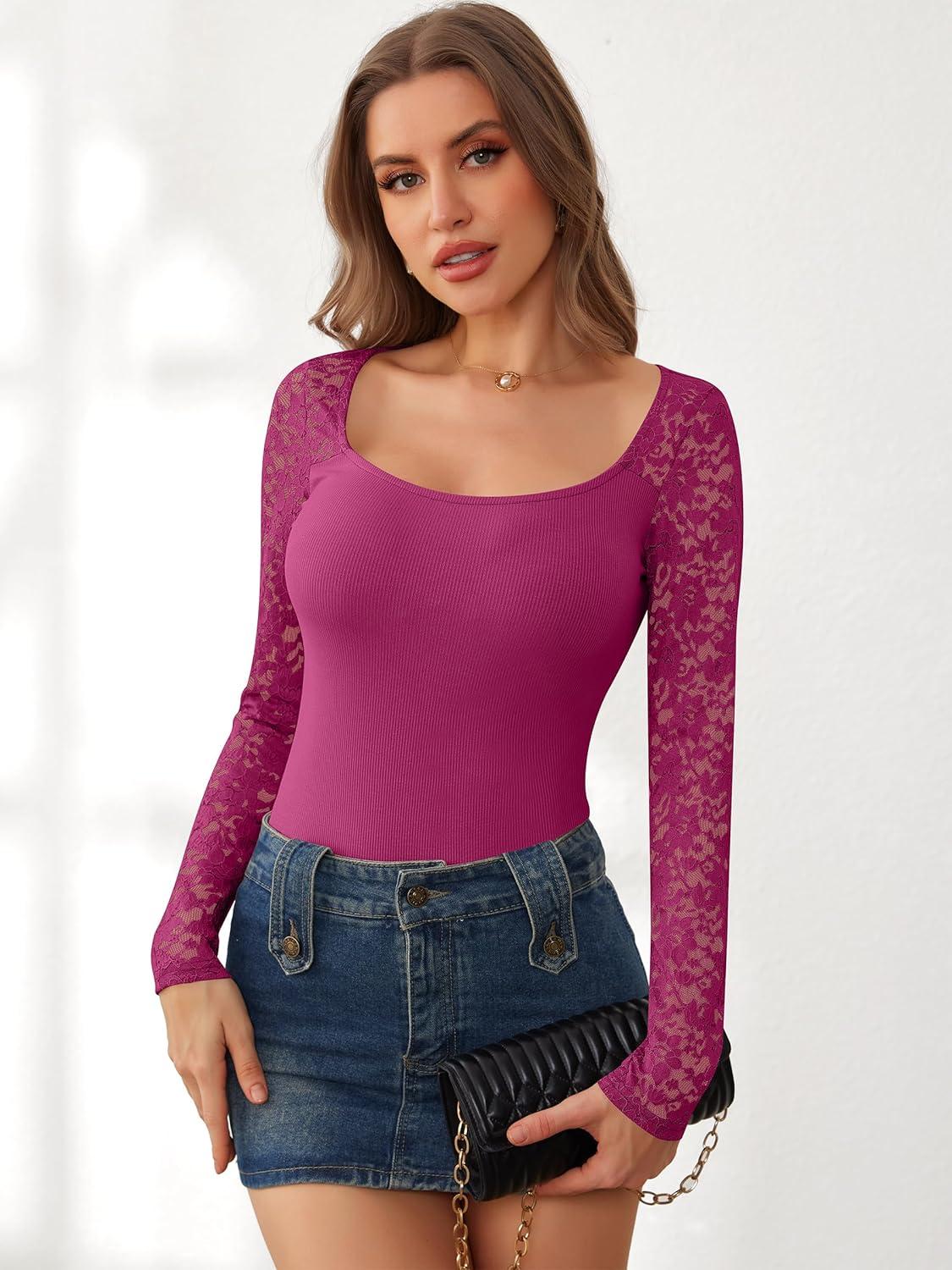 imageANRABESS Womens Long Sleeve Shirts Scoop Neck Lace Going Out Tops Slim Fit Rib Knit Casual Blouses 2025 Fall Fashion OutfitsHot Pink