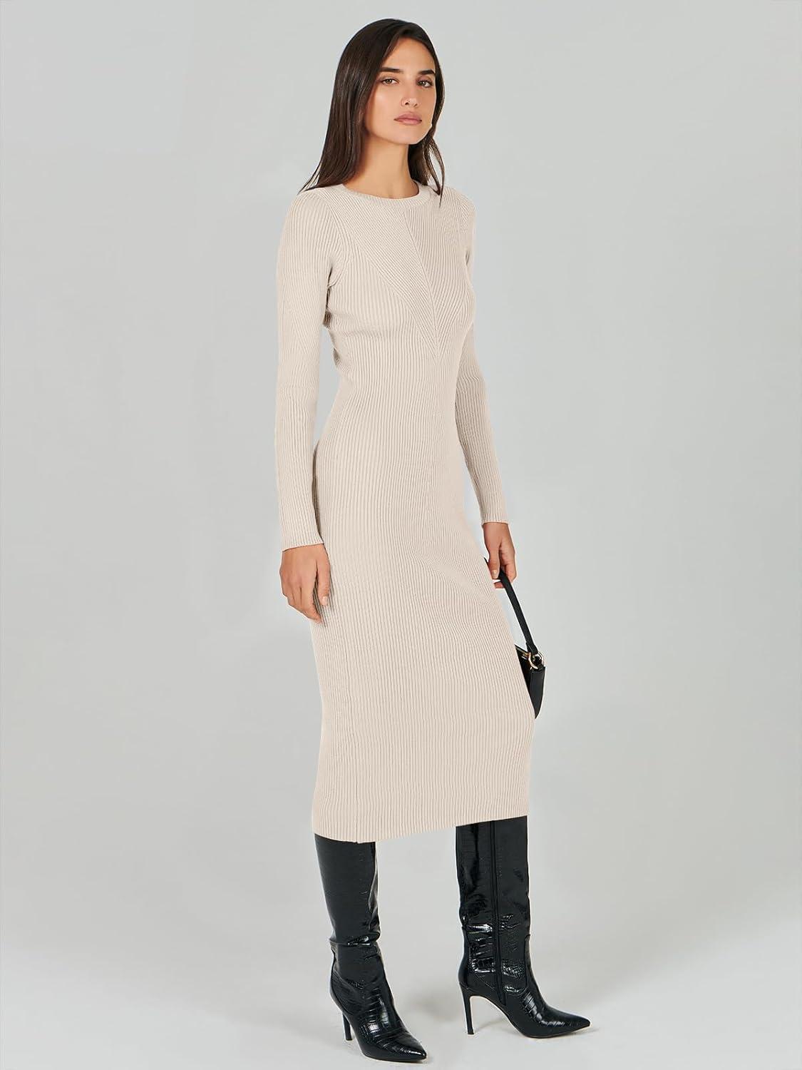 imageANRABESS Womens Long Sleeve Sweater Dress 2025 Fall Crewneck Bodycon Stretch Ribbed Knit Slim Fit Midi Dresses Trendy OutfitsBeige