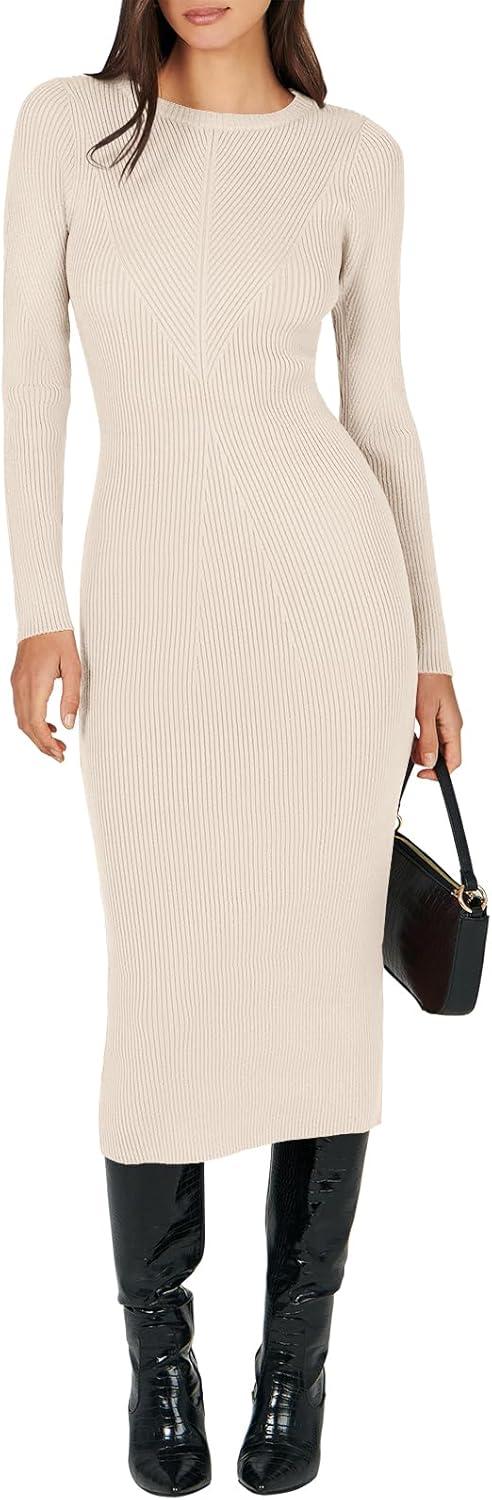 imageANRABESS Womens Long Sleeve Sweater Dress 2025 Fall Crewneck Bodycon Stretch Ribbed Knit Slim Fit Midi Dresses Trendy OutfitsBeige