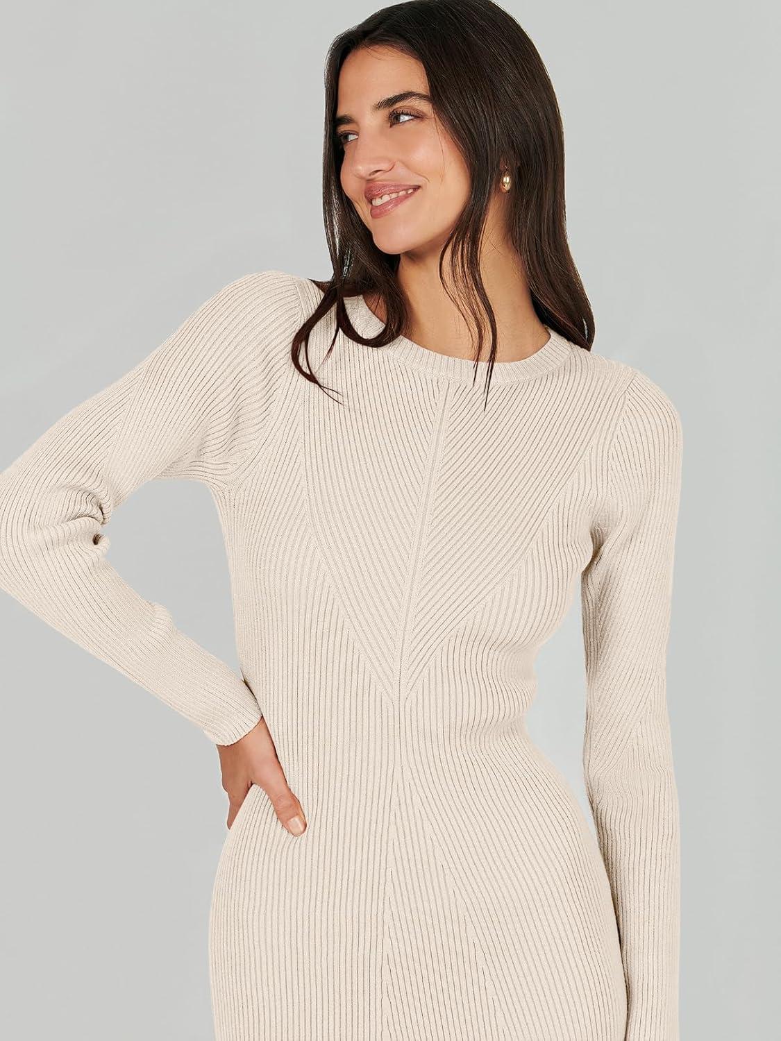 imageANRABESS Womens Long Sleeve Sweater Dress 2025 Fall Crewneck Bodycon Stretch Ribbed Knit Slim Fit Midi Dresses Trendy OutfitsBeige