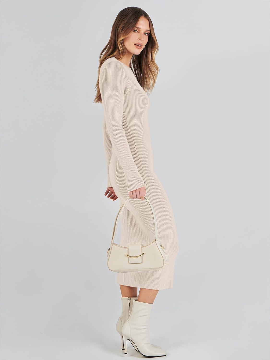 imageANRABESS Womens Long Sleeve Sweater Dress 2025 Fall Crewneck Bodycon Stretch Ribbed Knit Slim Fit Midi Dresses Trendy OutfitsBeige