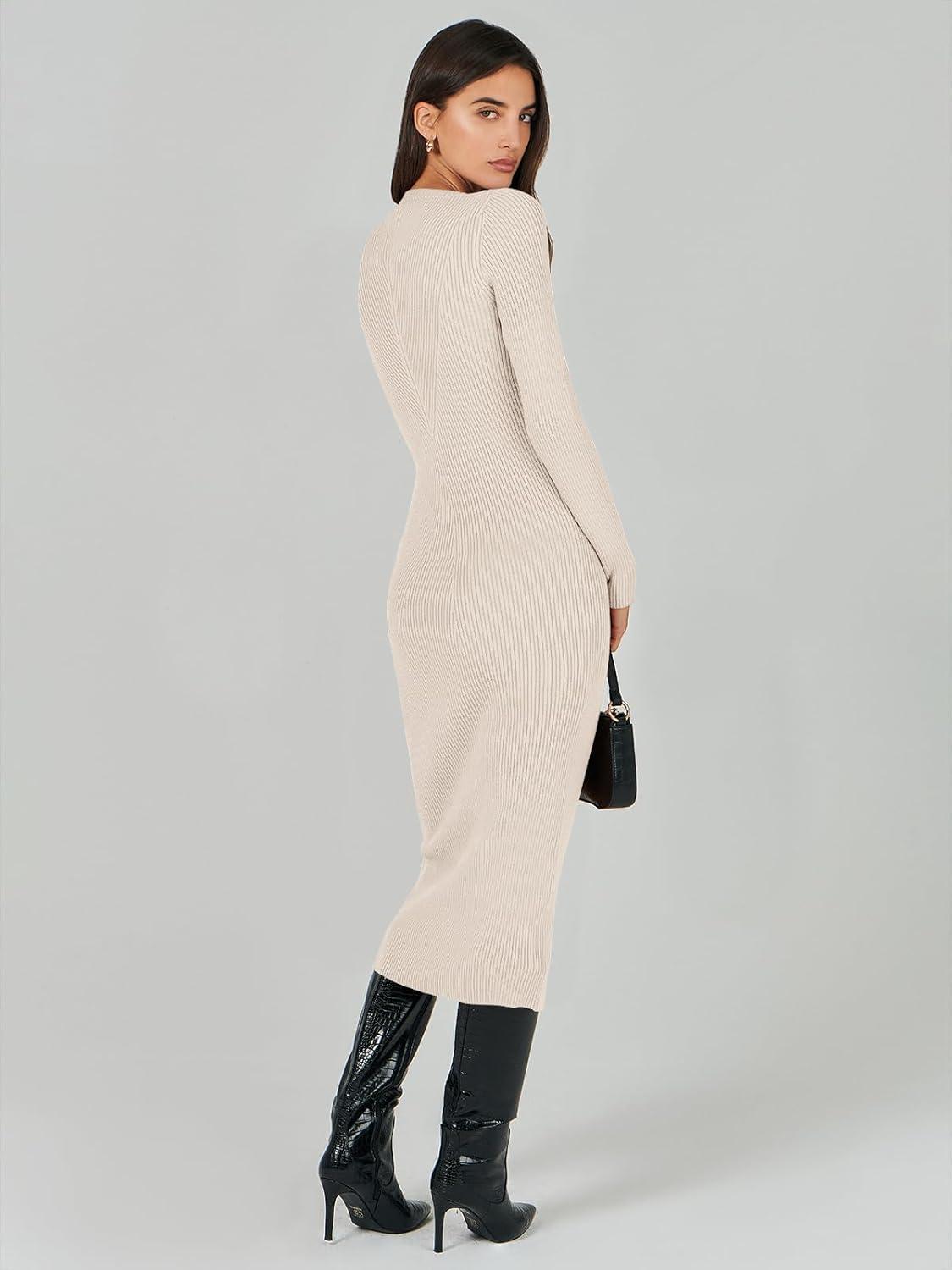 imageANRABESS Womens Long Sleeve Sweater Dress 2025 Fall Crewneck Bodycon Stretch Ribbed Knit Slim Fit Midi Dresses Trendy OutfitsBeige