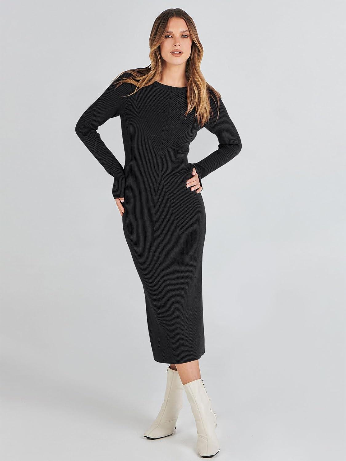 imageANRABESS Womens Long Sleeve Sweater Dress 2025 Fall Crewneck Bodycon Stretch Ribbed Knit Slim Fit Midi Dresses Trendy OutfitsBlack