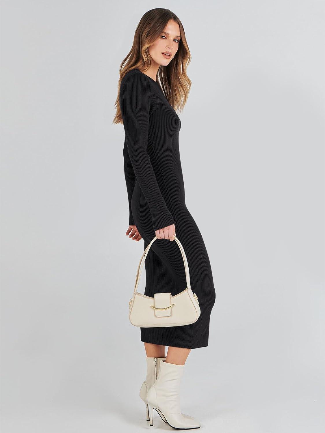 imageANRABESS Womens Long Sleeve Sweater Dress 2025 Fall Crewneck Bodycon Stretch Ribbed Knit Slim Fit Midi Dresses Trendy OutfitsBlack