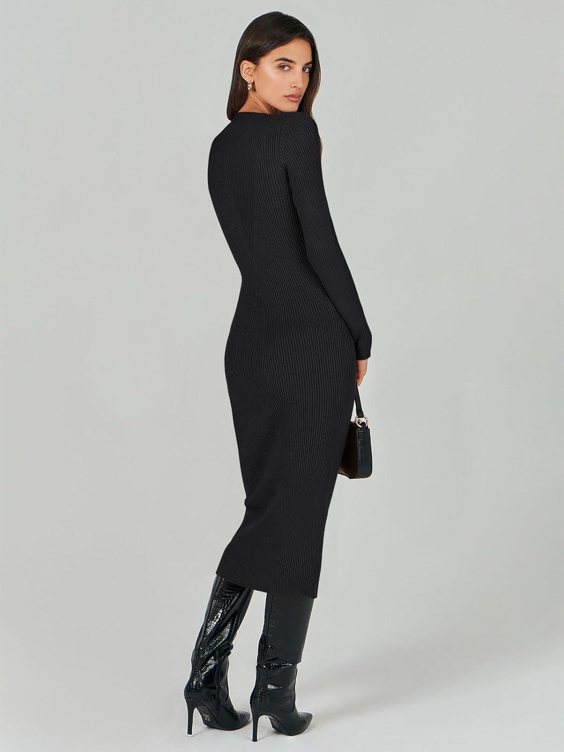 imageANRABESS Womens Long Sleeve Sweater Dress 2025 Fall Crewneck Bodycon Stretch Ribbed Knit Slim Fit Midi Dresses Trendy OutfitsBlack