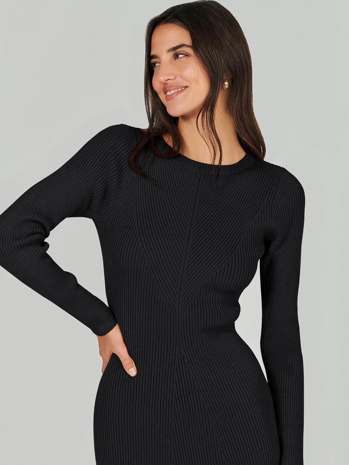 imageANRABESS Womens Long Sleeve Sweater Dress 2025 Fall Crewneck Bodycon Stretch Ribbed Knit Slim Fit Midi Dresses Trendy OutfitsBlack