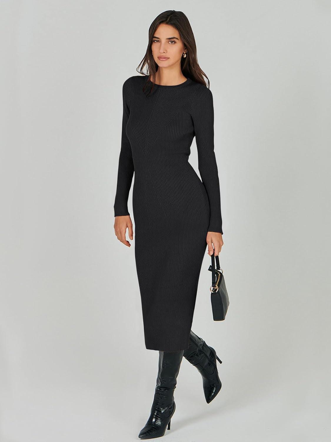 imageANRABESS Womens Long Sleeve Sweater Dress 2025 Fall Crewneck Bodycon Stretch Ribbed Knit Slim Fit Midi Dresses Trendy OutfitsBlack