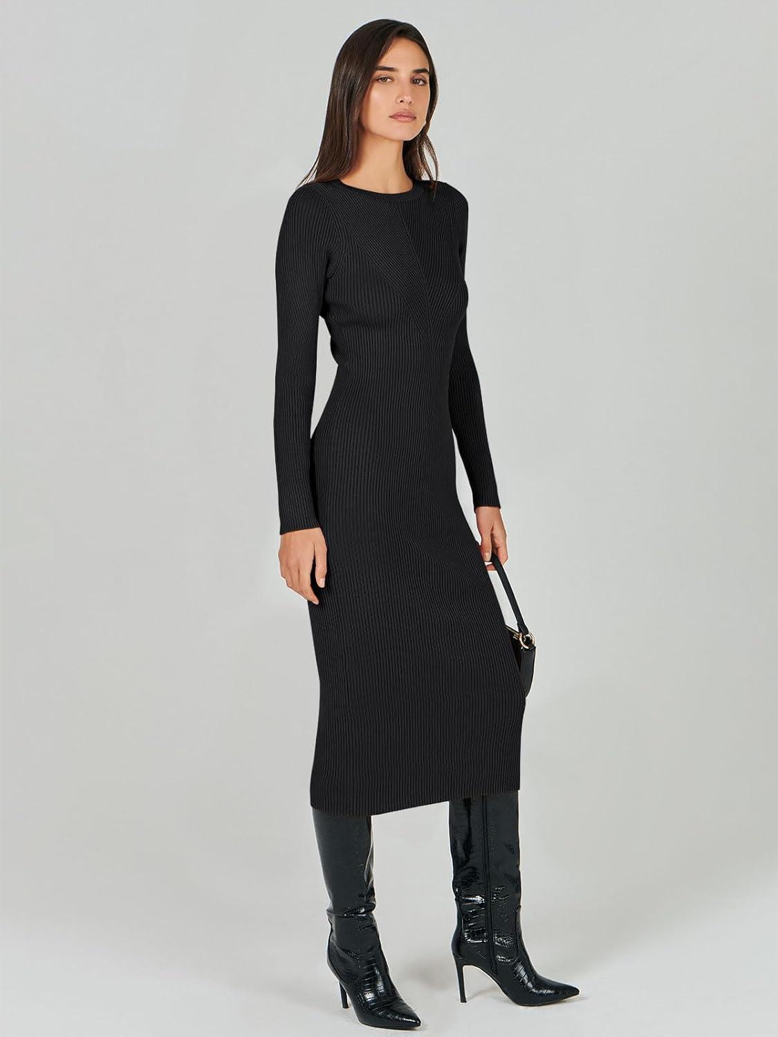 imageANRABESS Womens Long Sleeve Sweater Dress 2025 Fall Crewneck Bodycon Stretch Ribbed Knit Slim Fit Midi Dresses Trendy OutfitsBlack