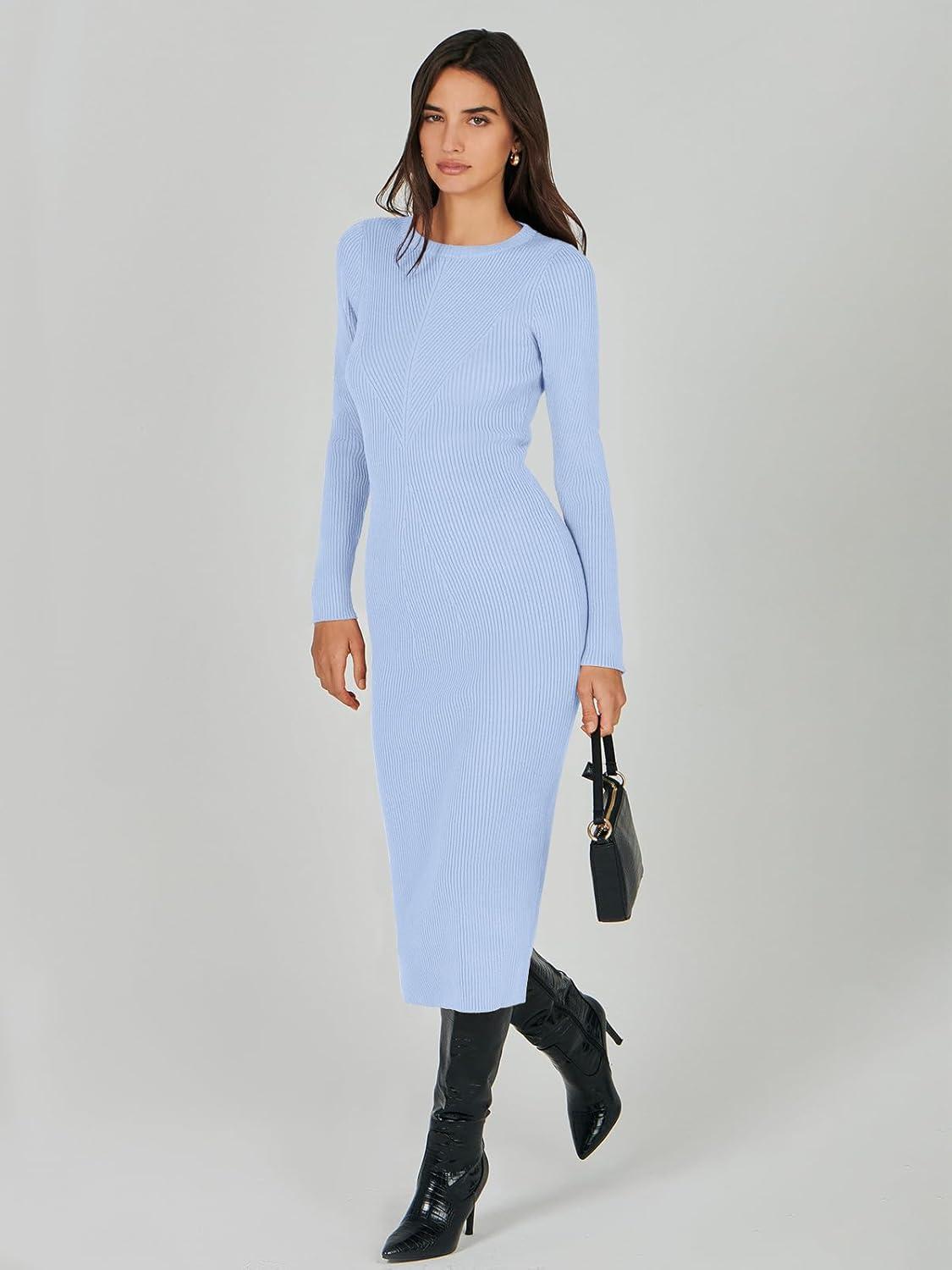 imageANRABESS Womens Long Sleeve Sweater Dress 2025 Fall Crewneck Bodycon Stretch Ribbed Knit Slim Fit Midi Dresses Trendy OutfitsBlue
