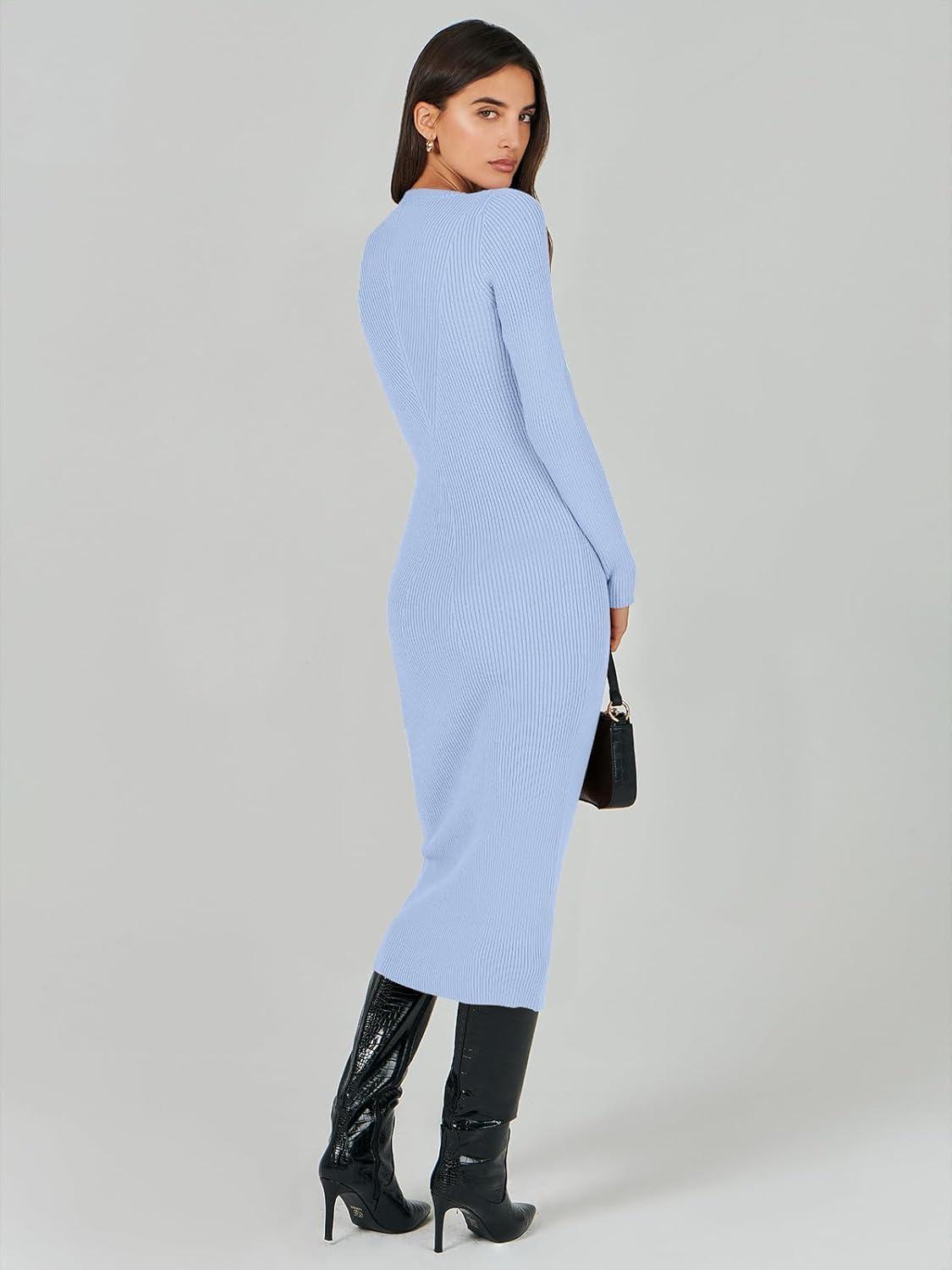 imageANRABESS Womens Long Sleeve Sweater Dress 2025 Fall Crewneck Bodycon Stretch Ribbed Knit Slim Fit Midi Dresses Trendy OutfitsBlue