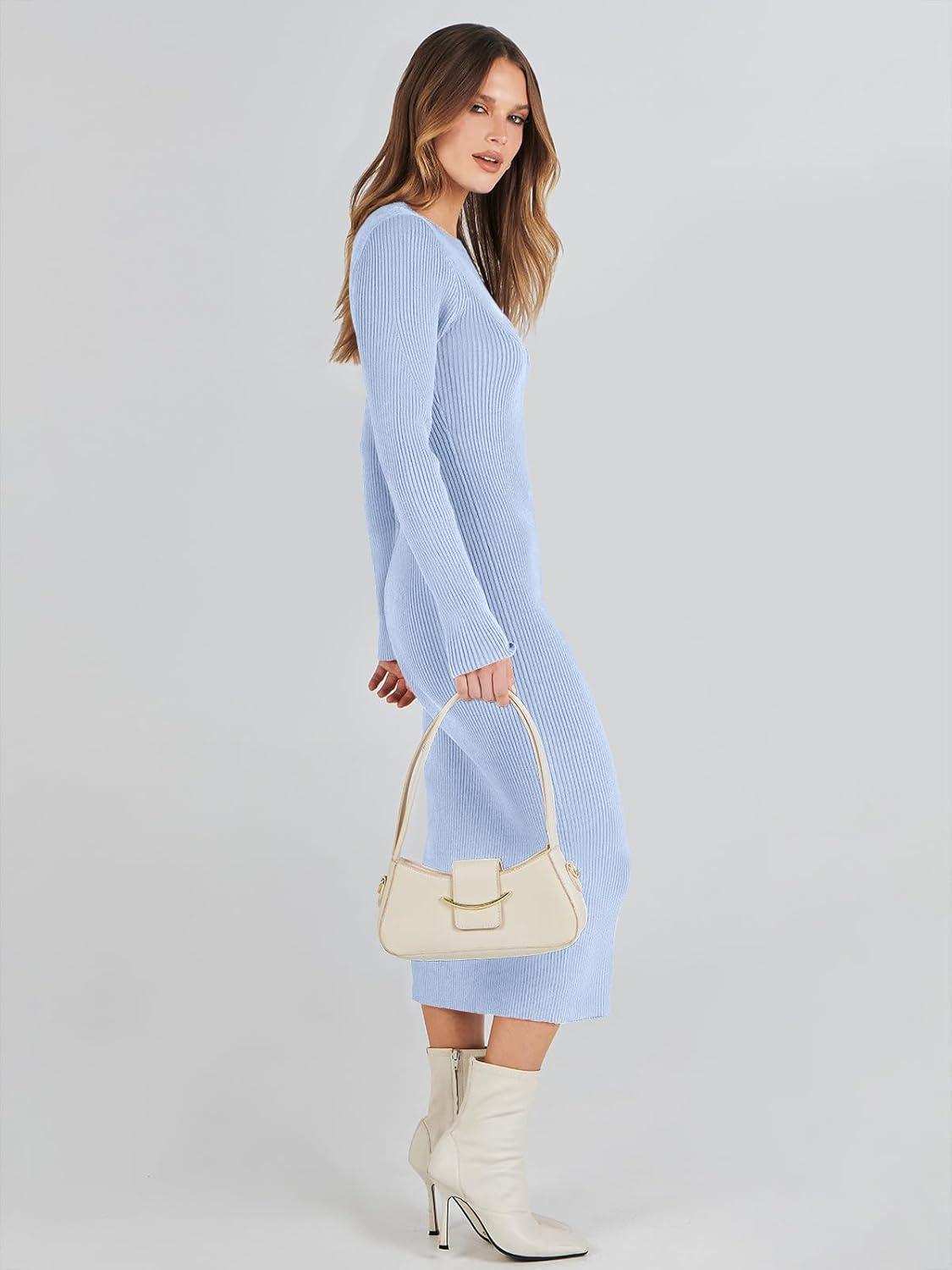 imageANRABESS Womens Long Sleeve Sweater Dress 2025 Fall Crewneck Bodycon Stretch Ribbed Knit Slim Fit Midi Dresses Trendy OutfitsBlue