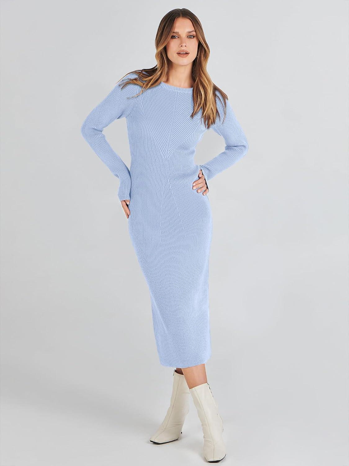 imageANRABESS Womens Long Sleeve Sweater Dress 2025 Fall Crewneck Bodycon Stretch Ribbed Knit Slim Fit Midi Dresses Trendy OutfitsBlue
