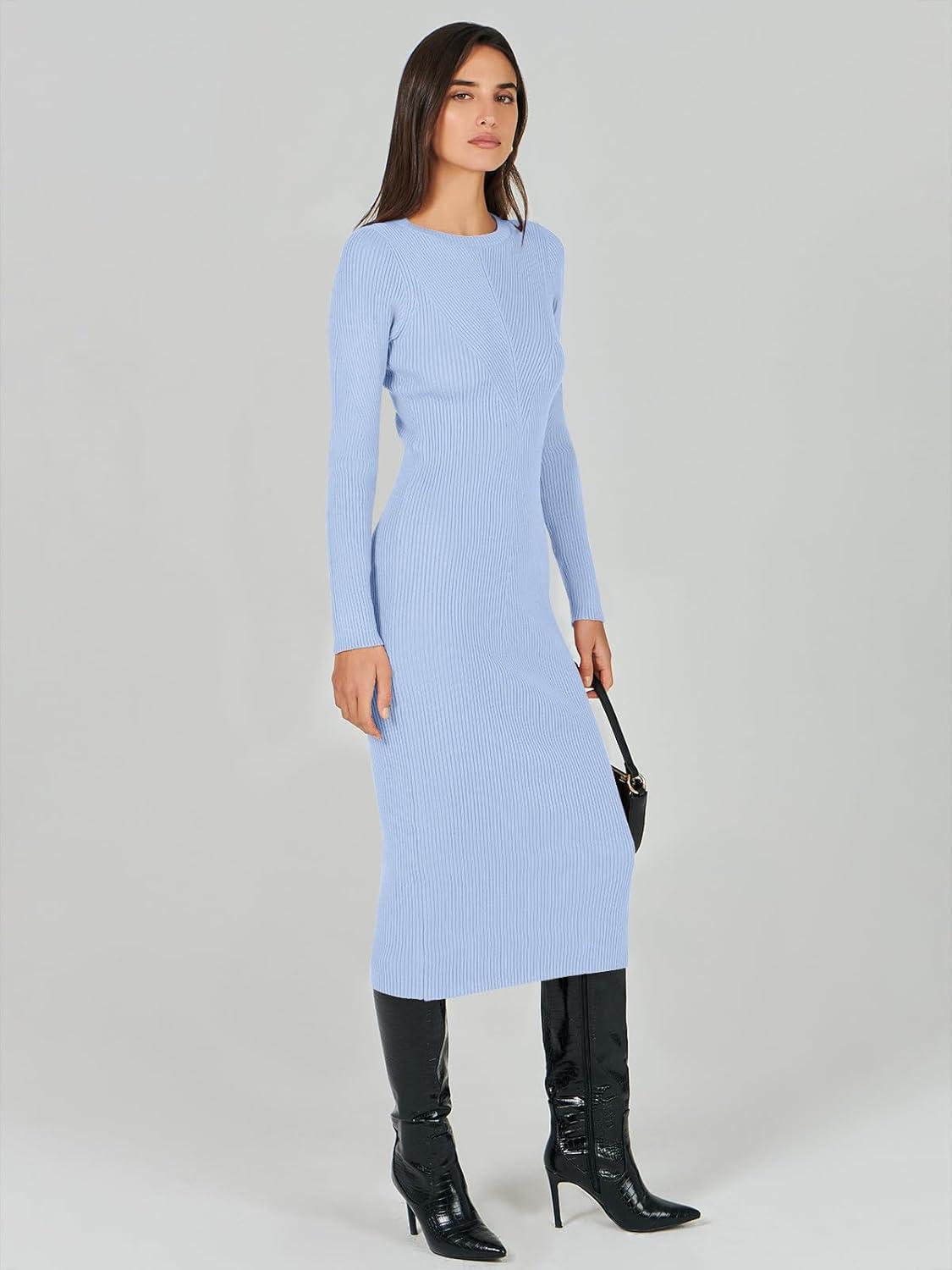 imageANRABESS Womens Long Sleeve Sweater Dress 2025 Fall Crewneck Bodycon Stretch Ribbed Knit Slim Fit Midi Dresses Trendy OutfitsBlue