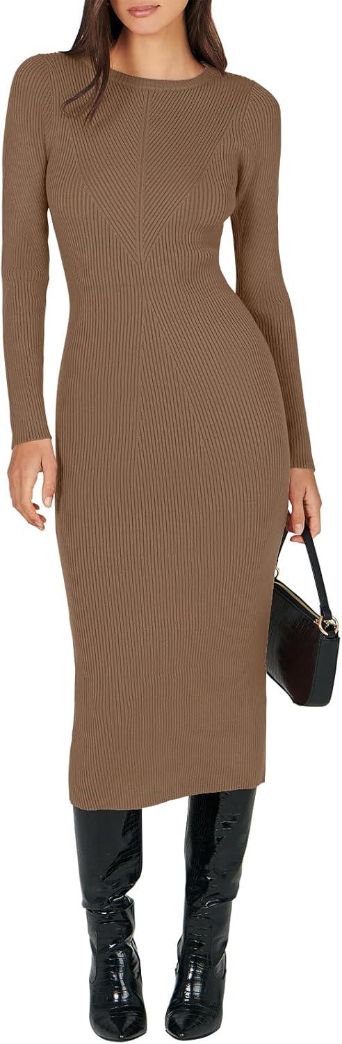 imageANRABESS Womens Long Sleeve Sweater Dress 2025 Fall Crewneck Bodycon Stretch Ribbed Knit Slim Fit Midi Dresses Trendy OutfitsBrown