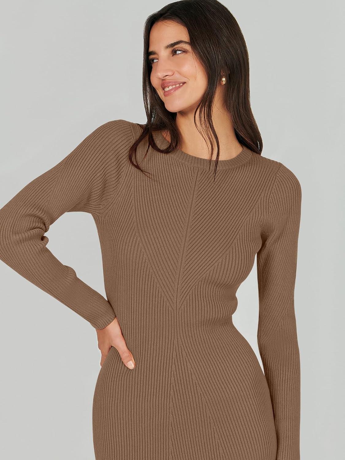 imageANRABESS Womens Long Sleeve Sweater Dress 2025 Fall Crewneck Bodycon Stretch Ribbed Knit Slim Fit Midi Dresses Trendy OutfitsBrown