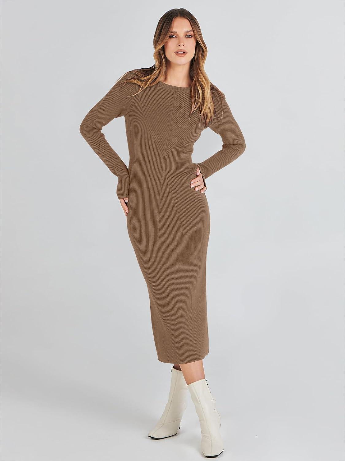 imageANRABESS Womens Long Sleeve Sweater Dress 2025 Fall Crewneck Bodycon Stretch Ribbed Knit Slim Fit Midi Dresses Trendy OutfitsBrown
