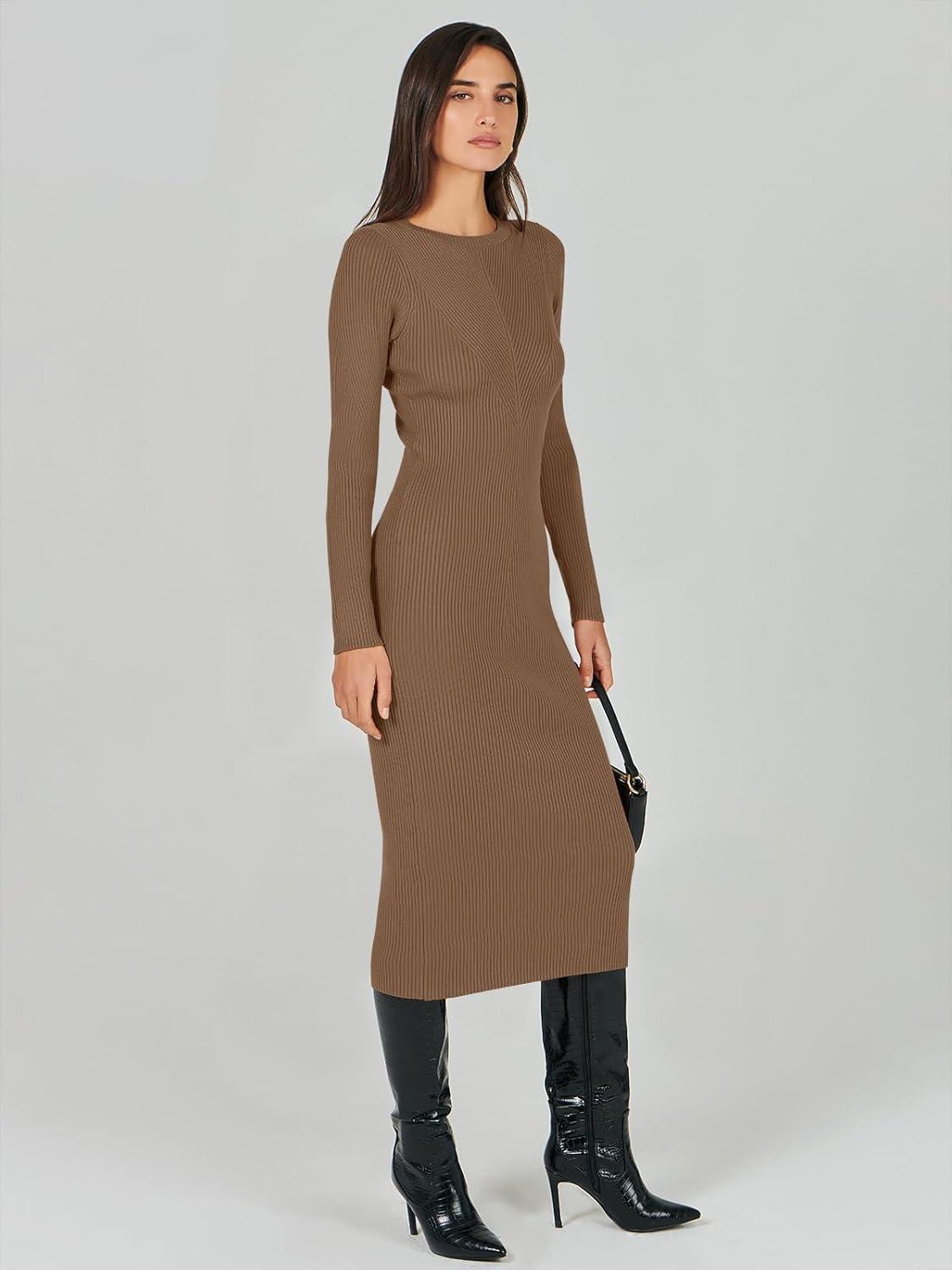 imageANRABESS Womens Long Sleeve Sweater Dress 2025 Fall Crewneck Bodycon Stretch Ribbed Knit Slim Fit Midi Dresses Trendy OutfitsBrown