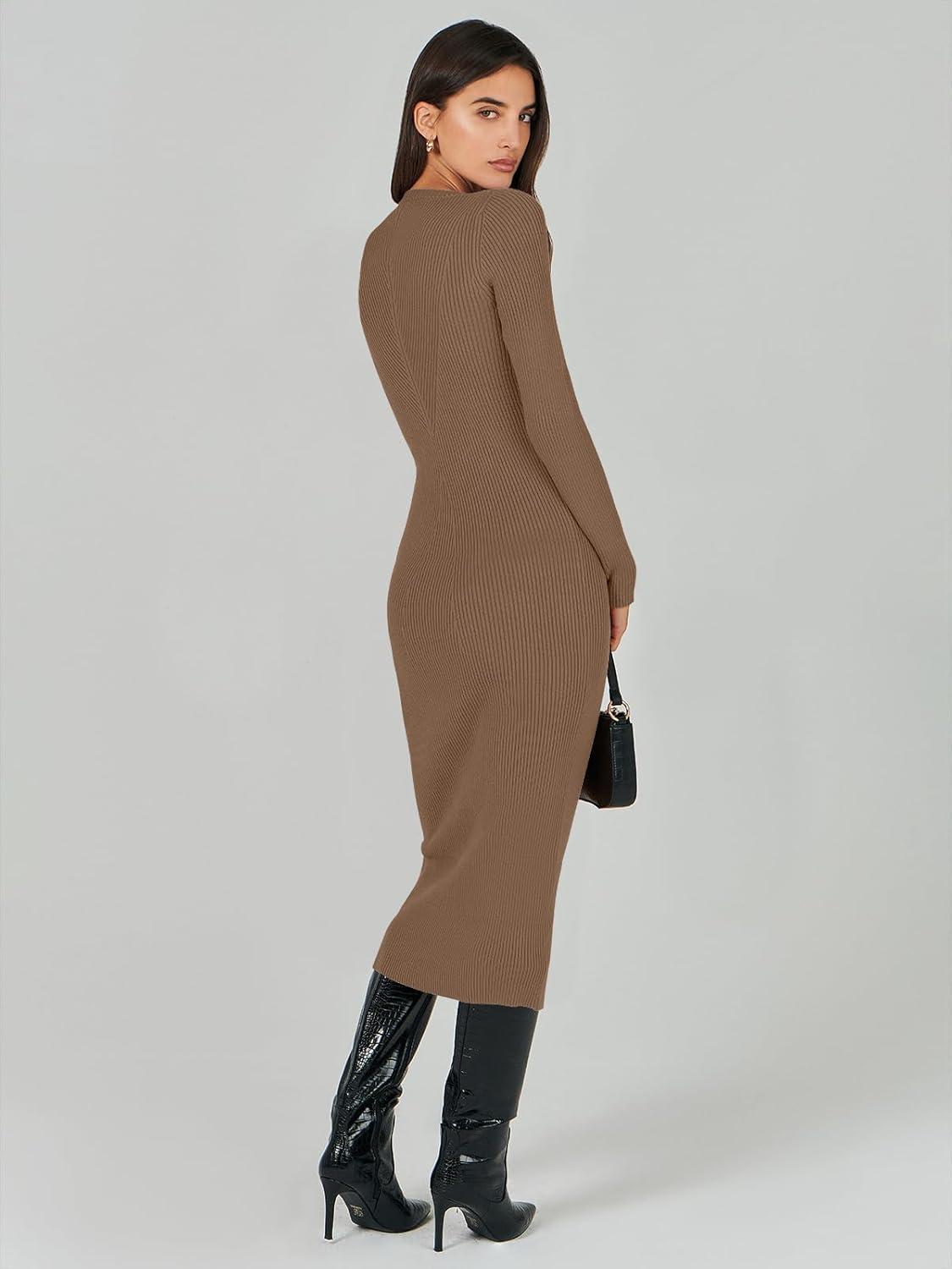 imageANRABESS Womens Long Sleeve Sweater Dress 2025 Fall Crewneck Bodycon Stretch Ribbed Knit Slim Fit Midi Dresses Trendy OutfitsBrown