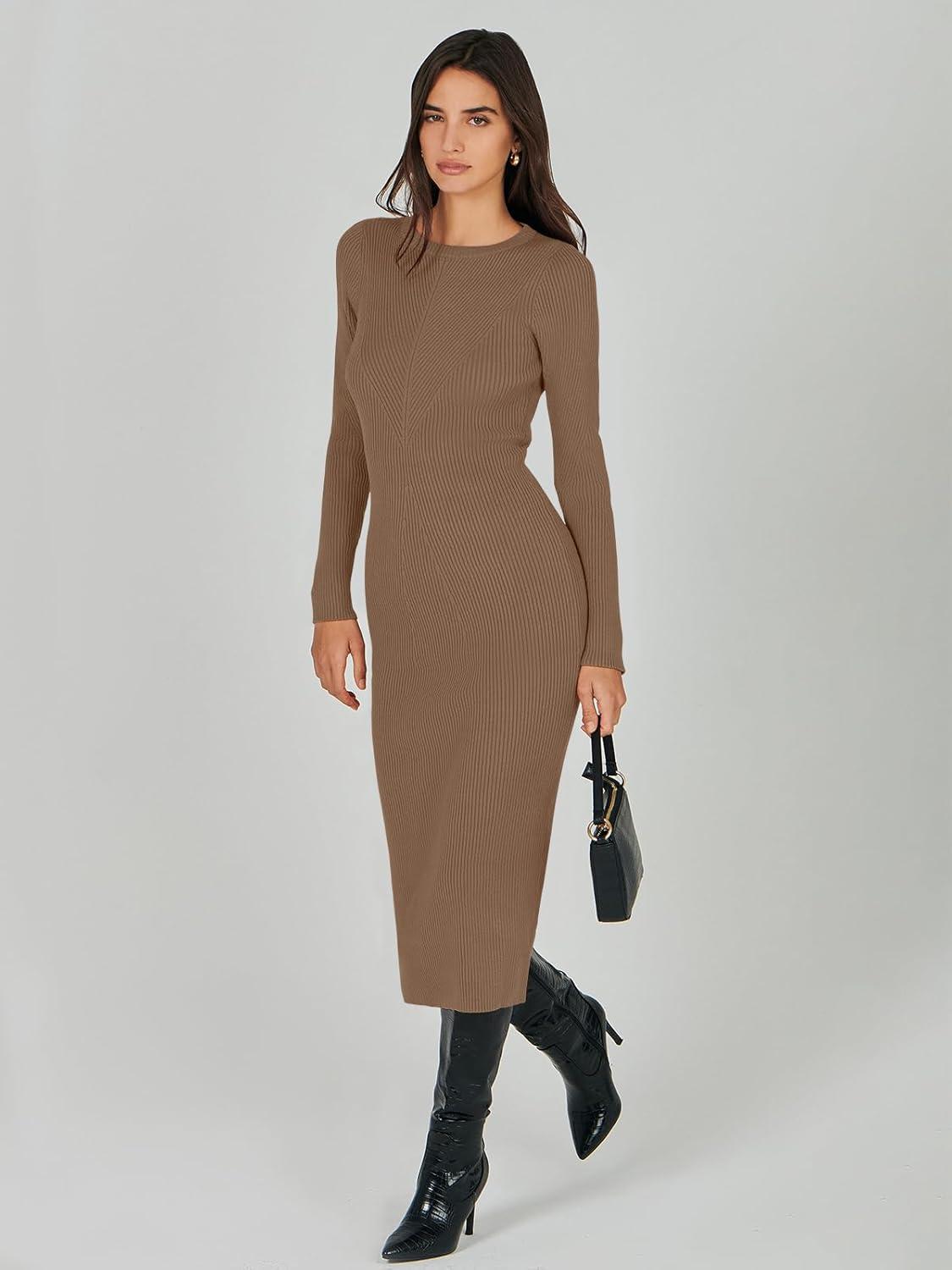 imageANRABESS Womens Long Sleeve Sweater Dress 2025 Fall Crewneck Bodycon Stretch Ribbed Knit Slim Fit Midi Dresses Trendy OutfitsBrown