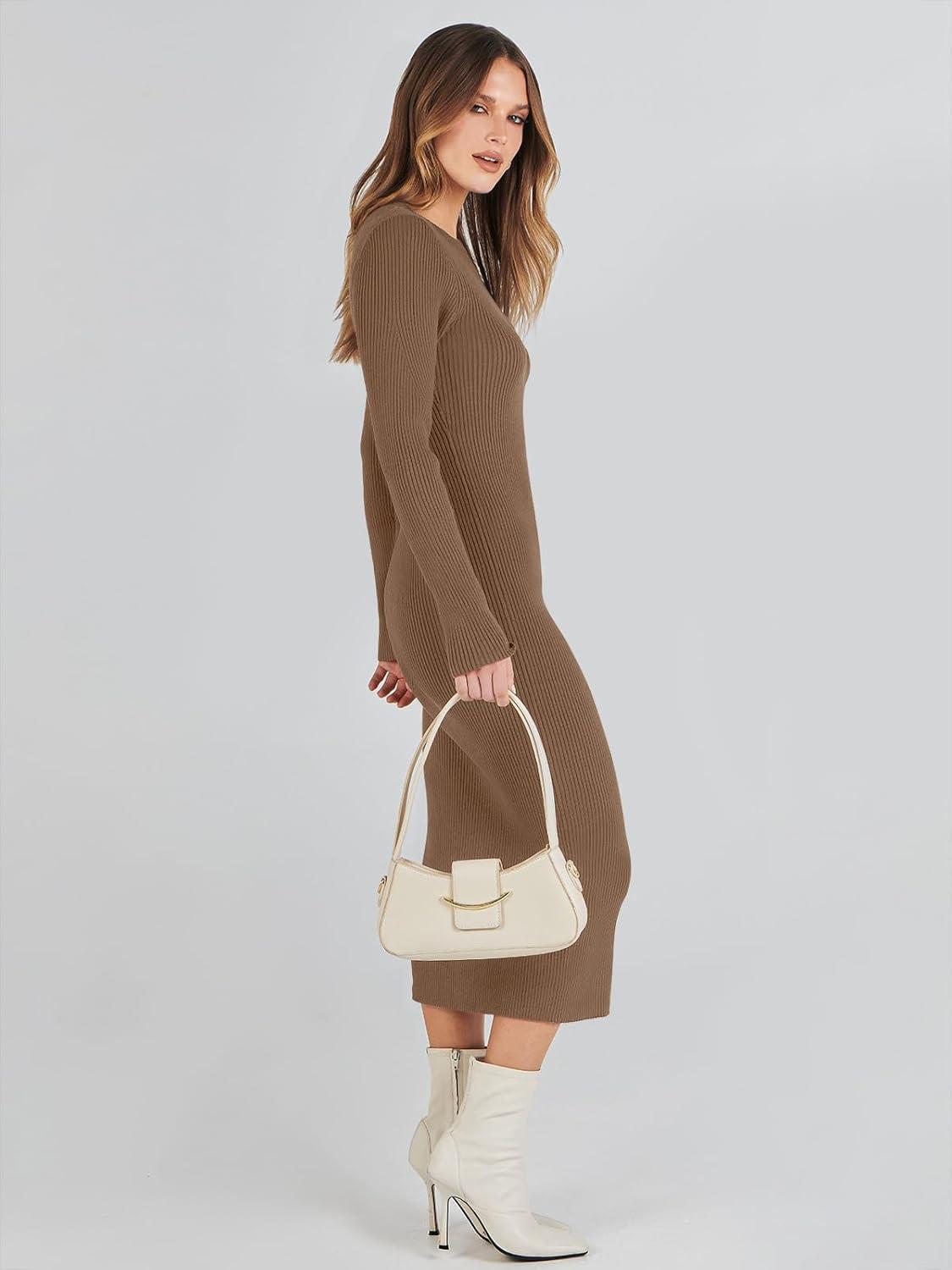 imageANRABESS Womens Long Sleeve Sweater Dress 2025 Fall Crewneck Bodycon Stretch Ribbed Knit Slim Fit Midi Dresses Trendy OutfitsBrown