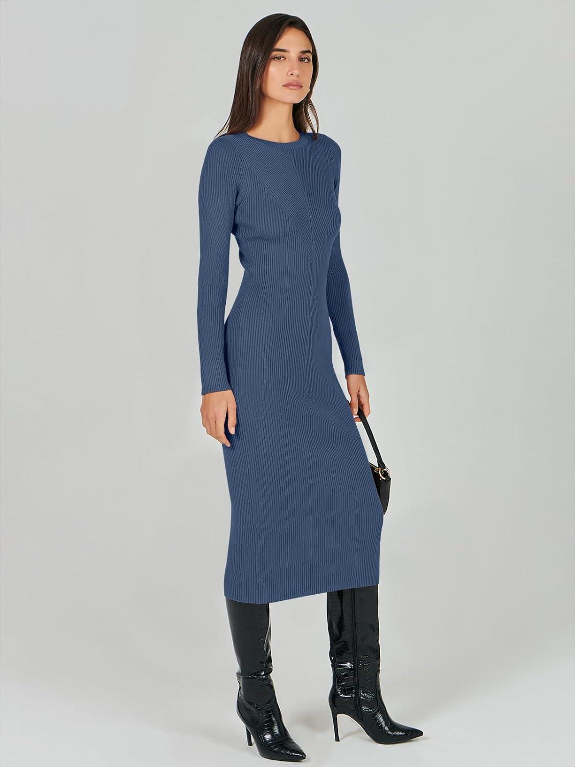 imageANRABESS Womens Long Sleeve Sweater Dress 2025 Fall Crewneck Bodycon Stretch Ribbed Knit Slim Fit Midi Dresses Trendy OutfitsDusty Blue