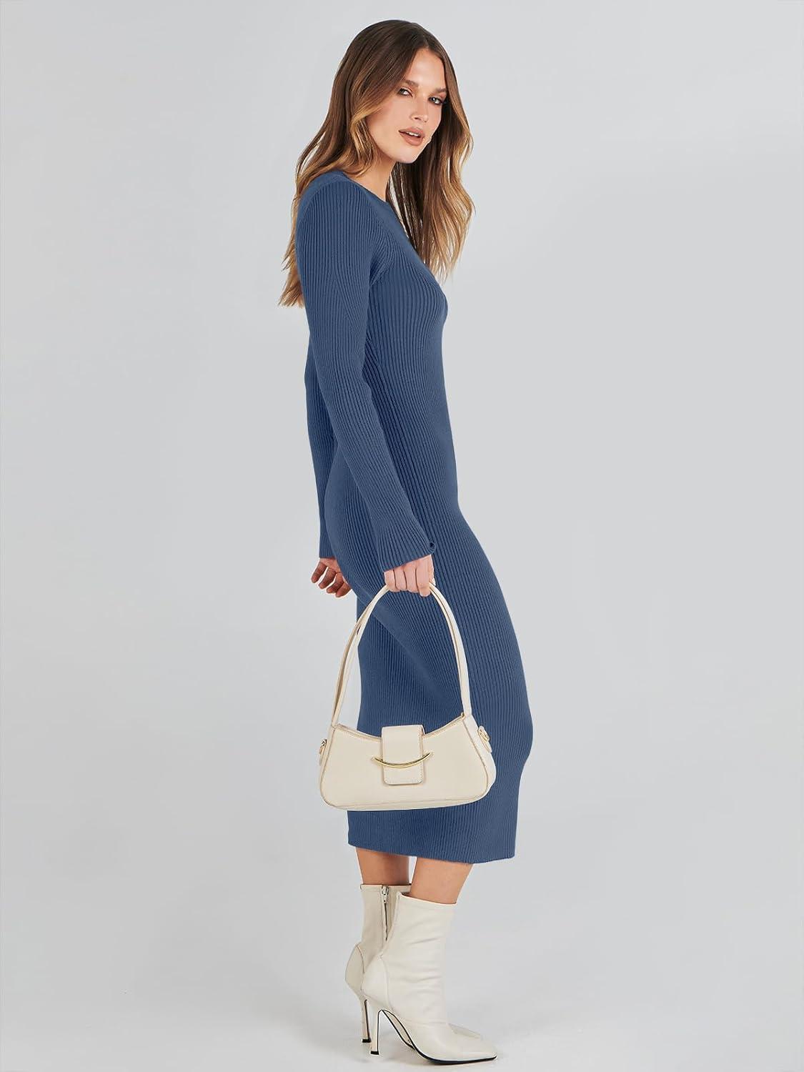 imageANRABESS Womens Long Sleeve Sweater Dress 2025 Fall Crewneck Bodycon Stretch Ribbed Knit Slim Fit Midi Dresses Trendy OutfitsDusty Blue