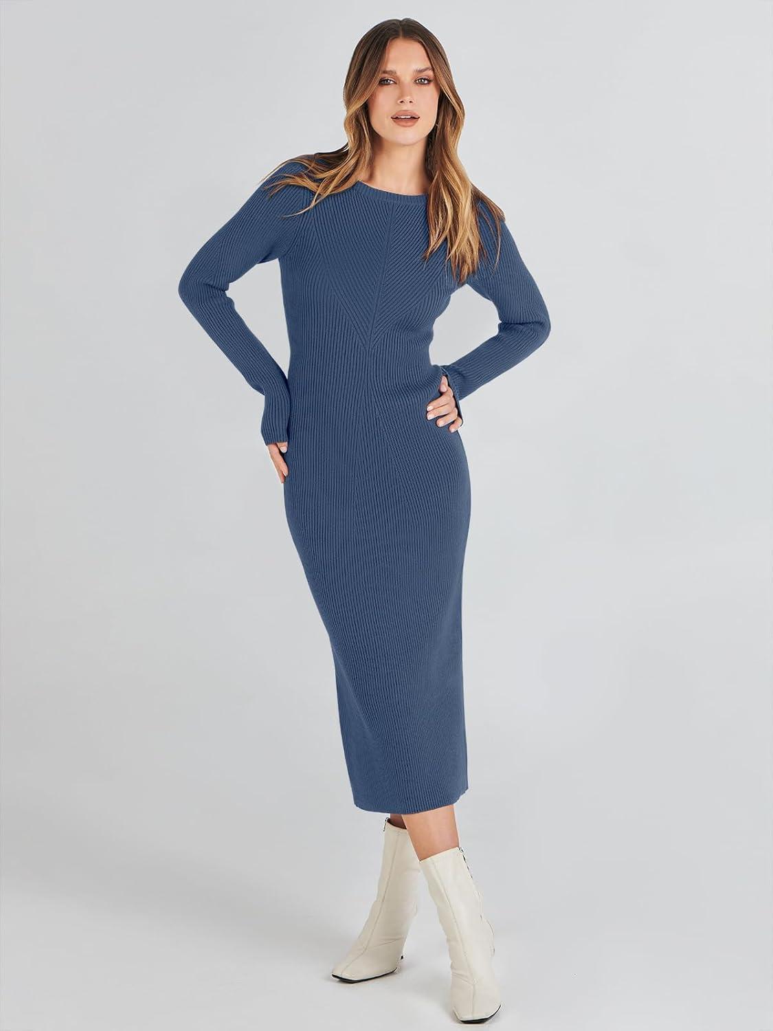 imageANRABESS Womens Long Sleeve Sweater Dress 2025 Fall Crewneck Bodycon Stretch Ribbed Knit Slim Fit Midi Dresses Trendy OutfitsDusty Blue