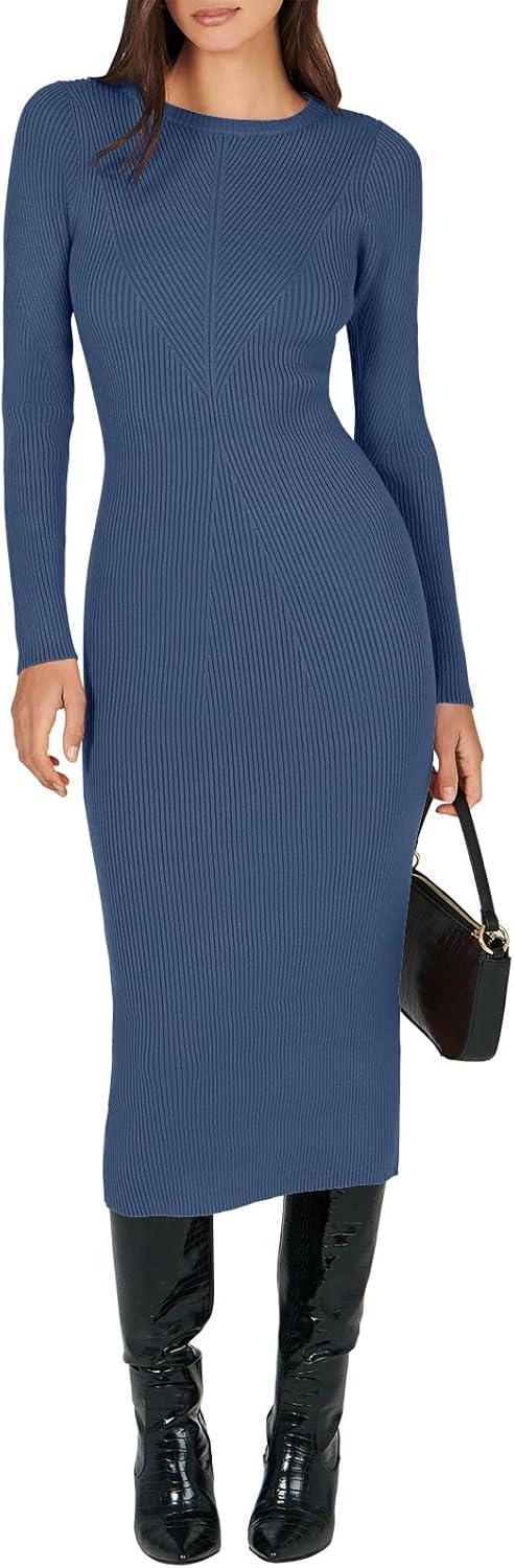 imageANRABESS Womens Long Sleeve Sweater Dress 2025 Fall Crewneck Bodycon Stretch Ribbed Knit Slim Fit Midi Dresses Trendy OutfitsDusty Blue