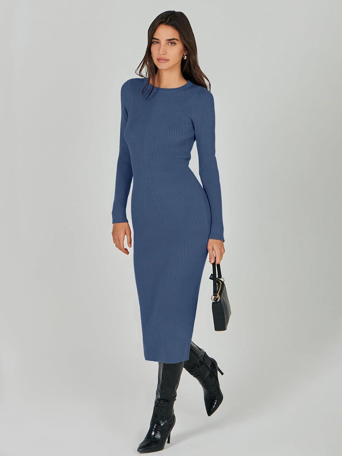 imageANRABESS Womens Long Sleeve Sweater Dress 2025 Fall Crewneck Bodycon Stretch Ribbed Knit Slim Fit Midi Dresses Trendy OutfitsDusty Blue