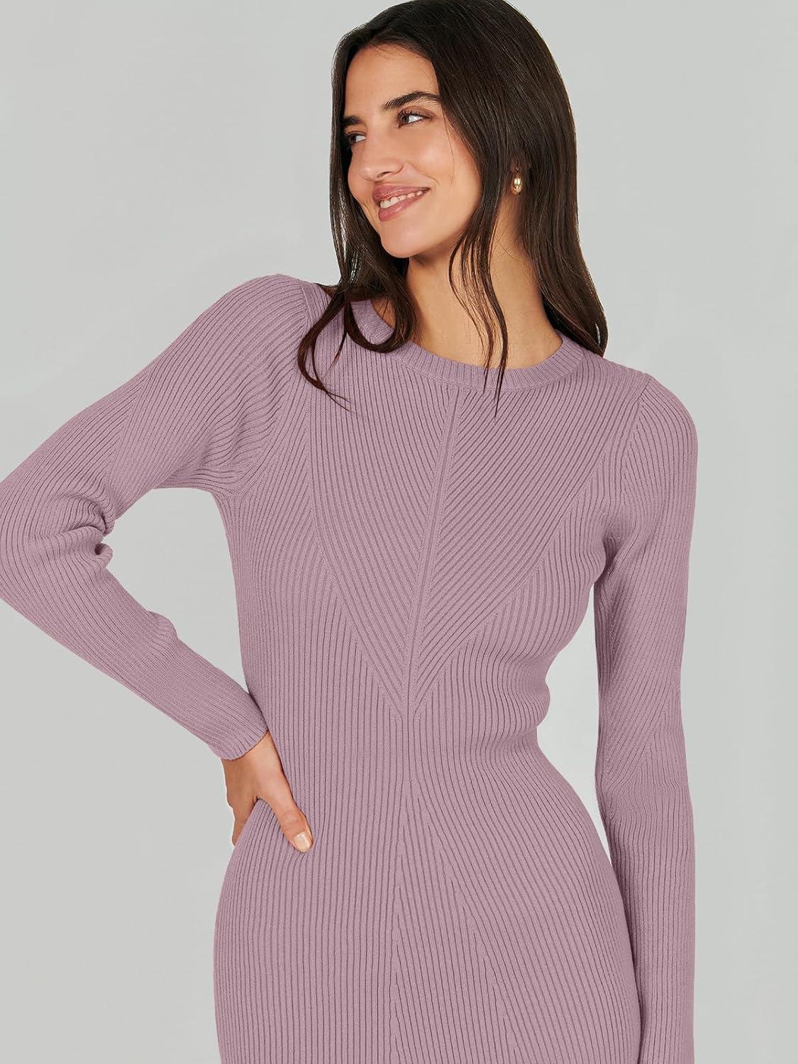 imageANRABESS Womens Long Sleeve Sweater Dress 2025 Fall Crewneck Bodycon Stretch Ribbed Knit Slim Fit Midi Dresses Trendy OutfitsLight Purple