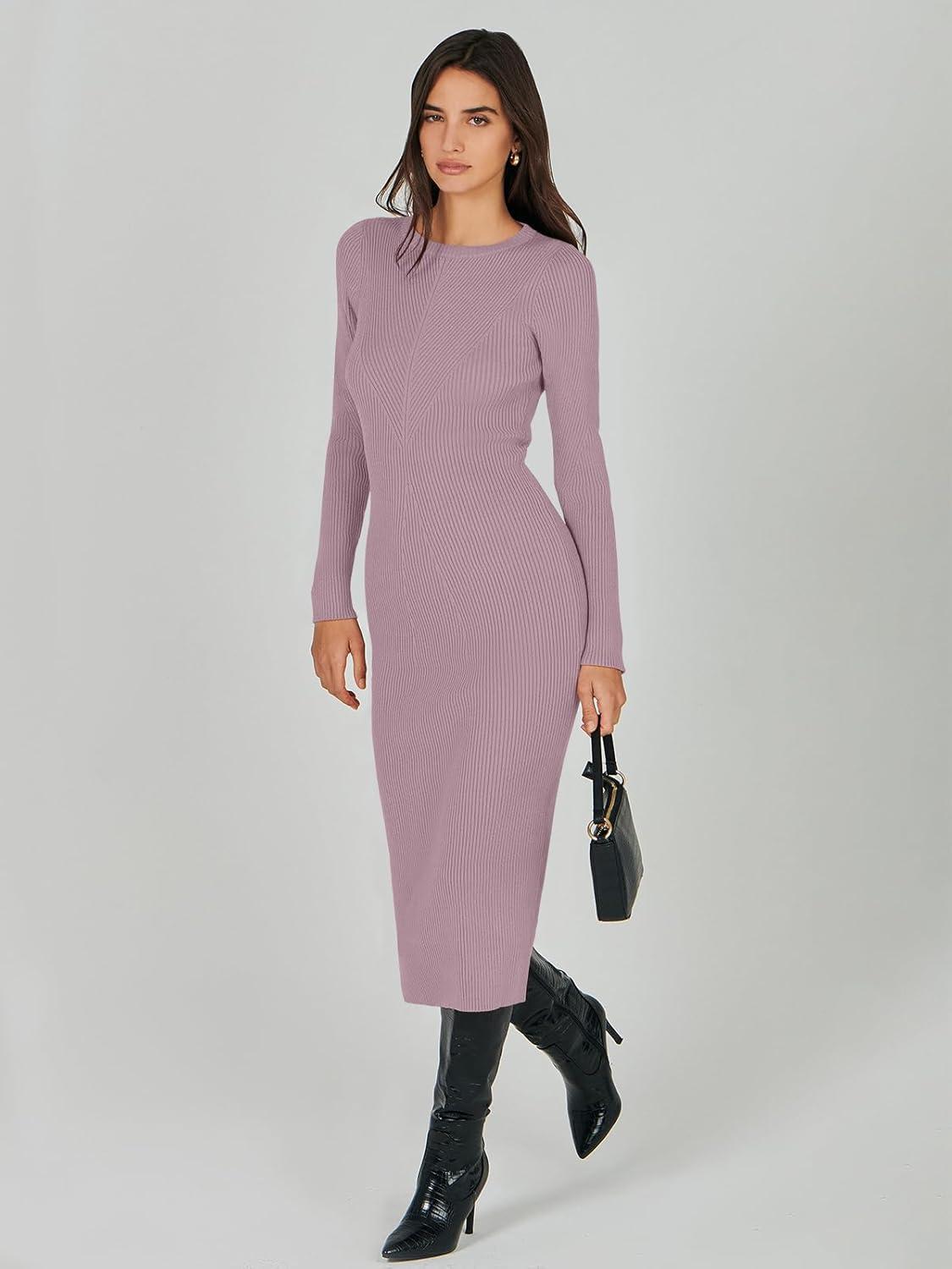 imageANRABESS Womens Long Sleeve Sweater Dress 2025 Fall Crewneck Bodycon Stretch Ribbed Knit Slim Fit Midi Dresses Trendy OutfitsLight Purple