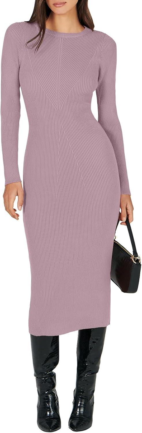 imageANRABESS Womens Long Sleeve Sweater Dress 2025 Fall Crewneck Bodycon Stretch Ribbed Knit Slim Fit Midi Dresses Trendy OutfitsLight Purple