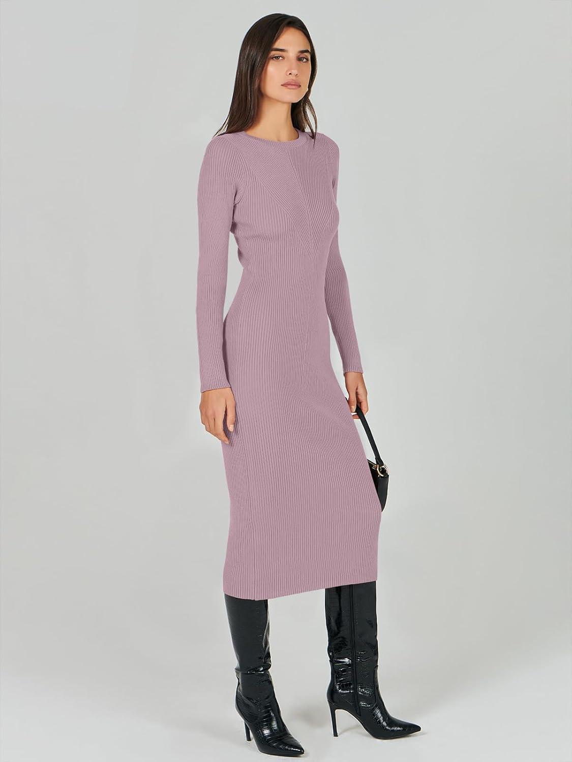 imageANRABESS Womens Long Sleeve Sweater Dress 2025 Fall Crewneck Bodycon Stretch Ribbed Knit Slim Fit Midi Dresses Trendy OutfitsLight Purple