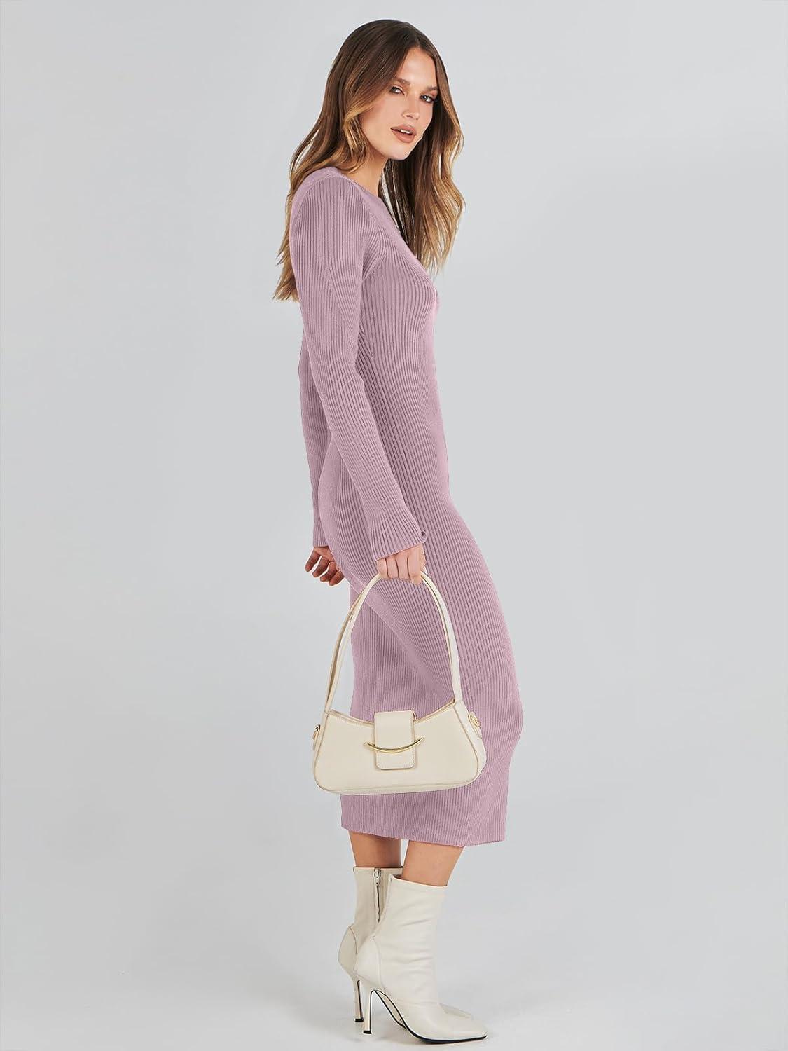imageANRABESS Womens Long Sleeve Sweater Dress 2025 Fall Crewneck Bodycon Stretch Ribbed Knit Slim Fit Midi Dresses Trendy OutfitsLight Purple