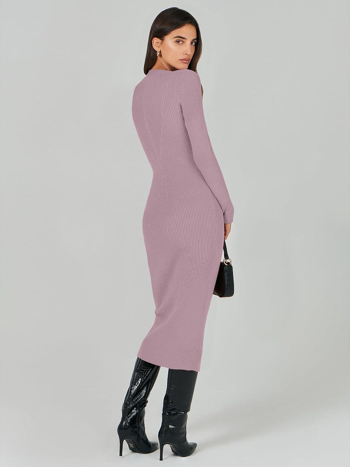 imageANRABESS Womens Long Sleeve Sweater Dress 2025 Fall Crewneck Bodycon Stretch Ribbed Knit Slim Fit Midi Dresses Trendy OutfitsLight Purple