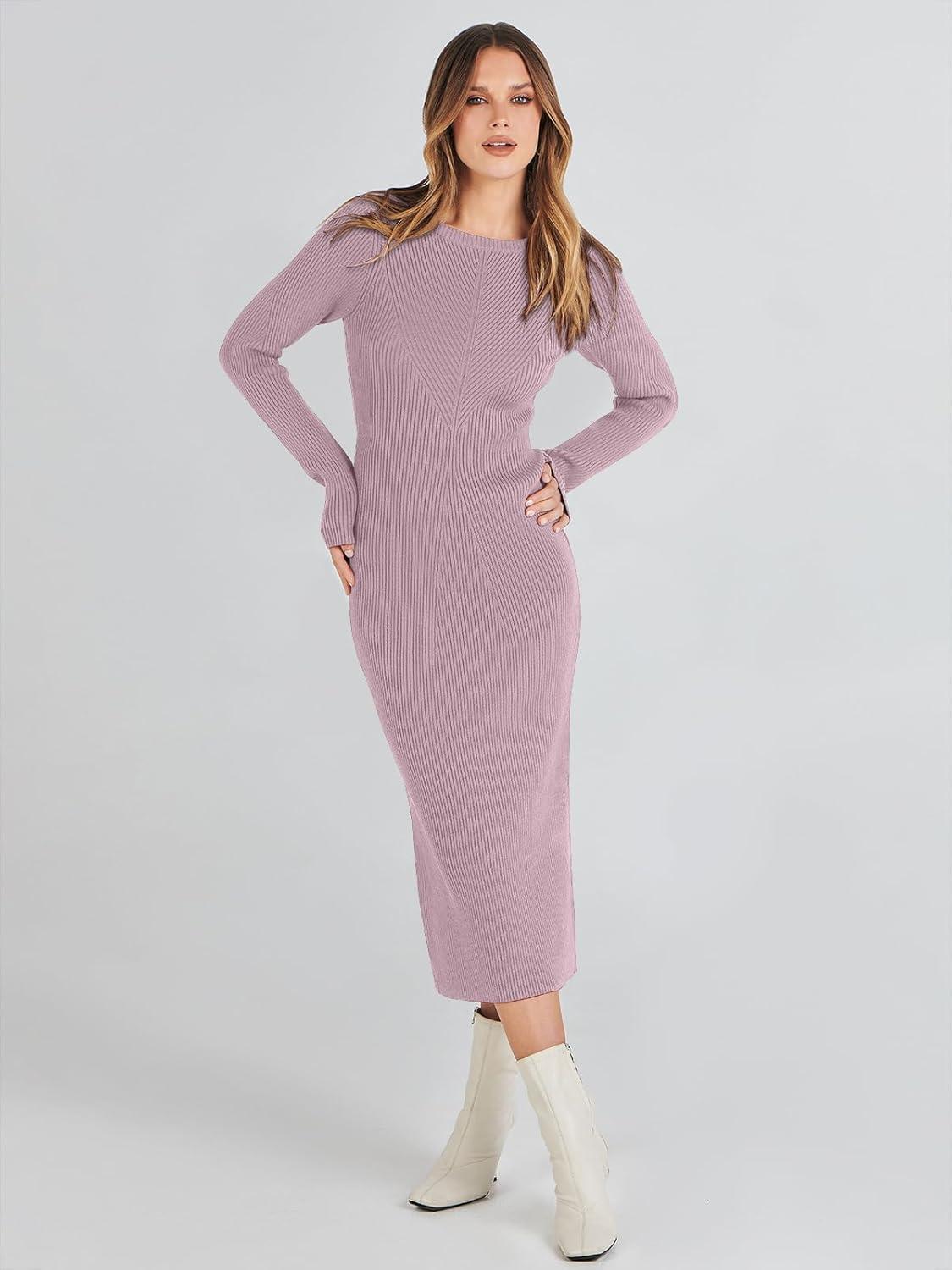 imageANRABESS Womens Long Sleeve Sweater Dress 2025 Fall Crewneck Bodycon Stretch Ribbed Knit Slim Fit Midi Dresses Trendy OutfitsLight Purple