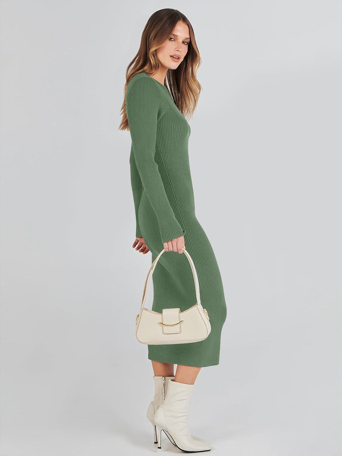 imageANRABESS Womens Long Sleeve Sweater Dress 2025 Fall Crewneck Bodycon Stretch Ribbed Knit Slim Fit Midi Dresses Trendy OutfitsOlive