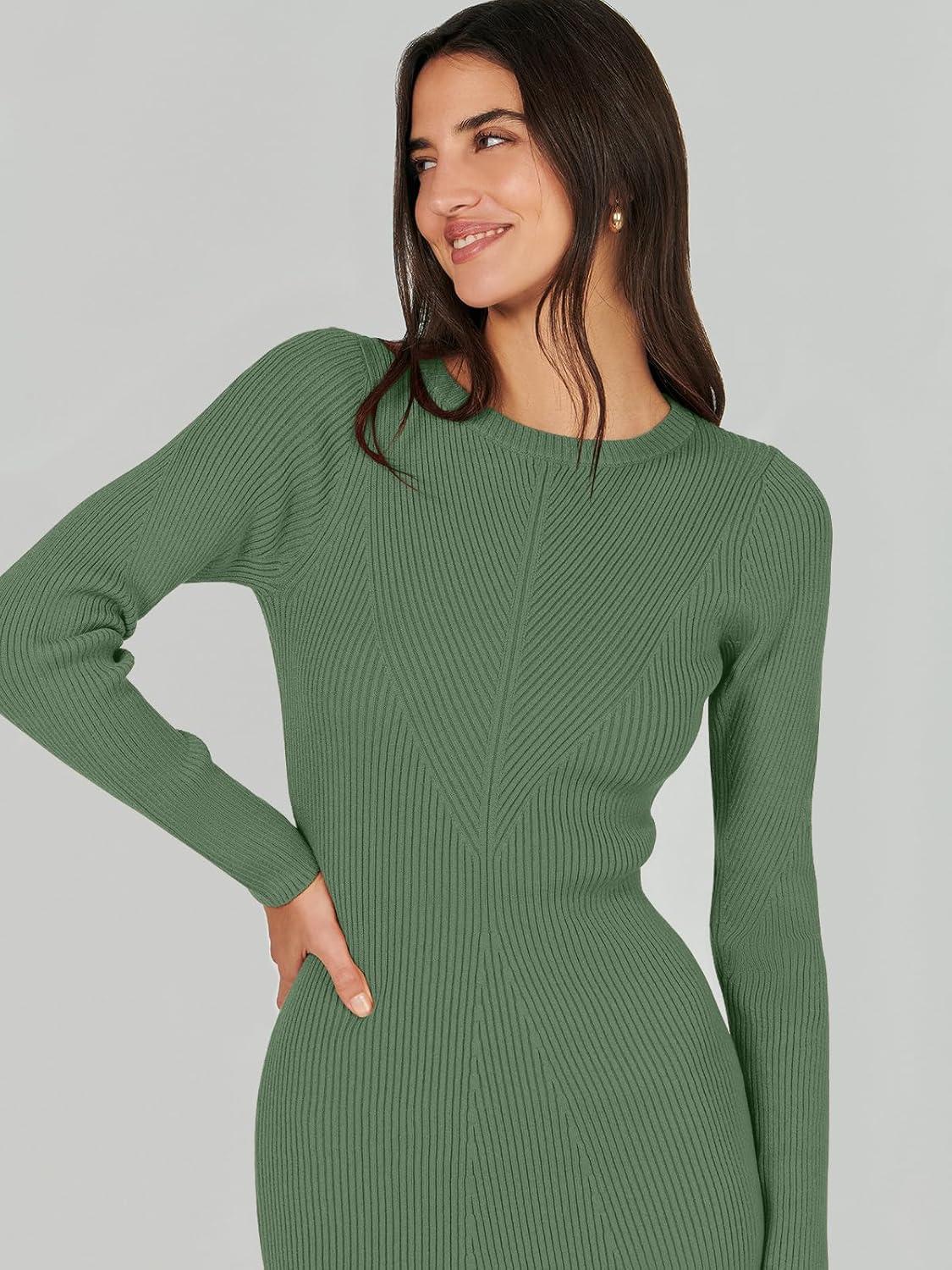 imageANRABESS Womens Long Sleeve Sweater Dress 2025 Fall Crewneck Bodycon Stretch Ribbed Knit Slim Fit Midi Dresses Trendy OutfitsOlive