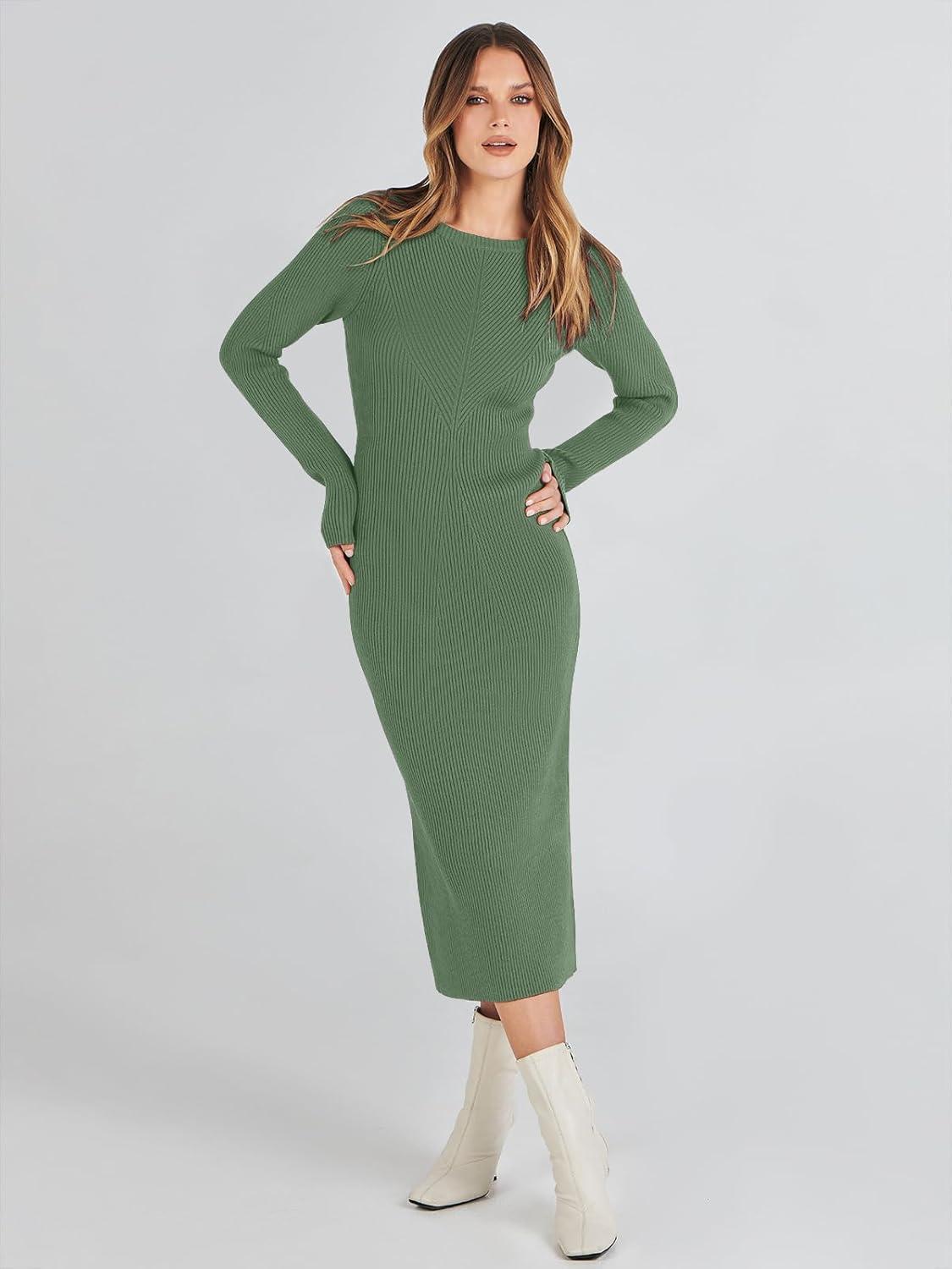 imageANRABESS Womens Long Sleeve Sweater Dress 2025 Fall Crewneck Bodycon Stretch Ribbed Knit Slim Fit Midi Dresses Trendy OutfitsOlive
