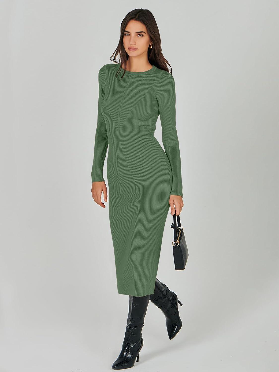 imageANRABESS Womens Long Sleeve Sweater Dress 2025 Fall Crewneck Bodycon Stretch Ribbed Knit Slim Fit Midi Dresses Trendy OutfitsOlive