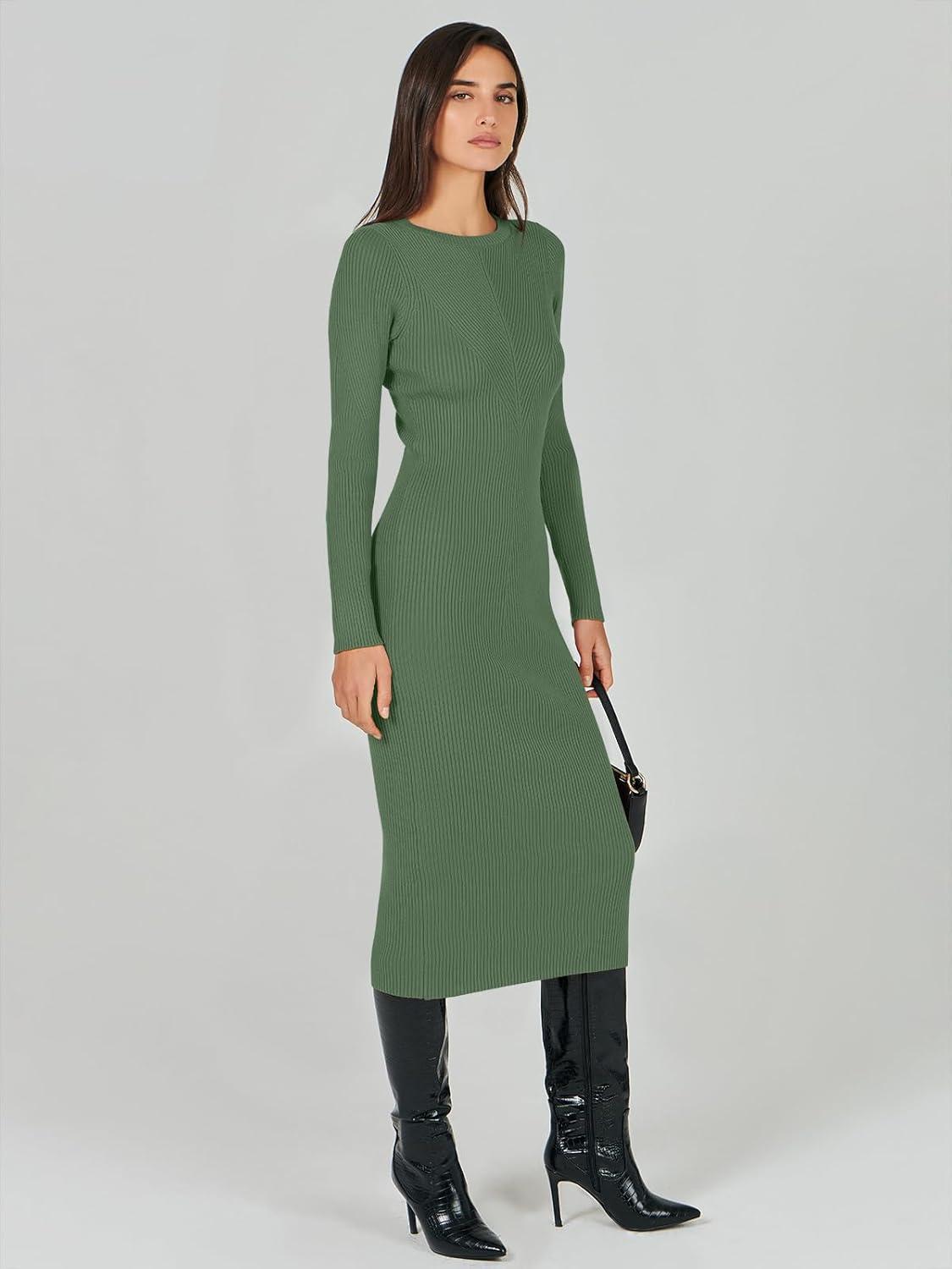 imageANRABESS Womens Long Sleeve Sweater Dress 2025 Fall Crewneck Bodycon Stretch Ribbed Knit Slim Fit Midi Dresses Trendy OutfitsOlive