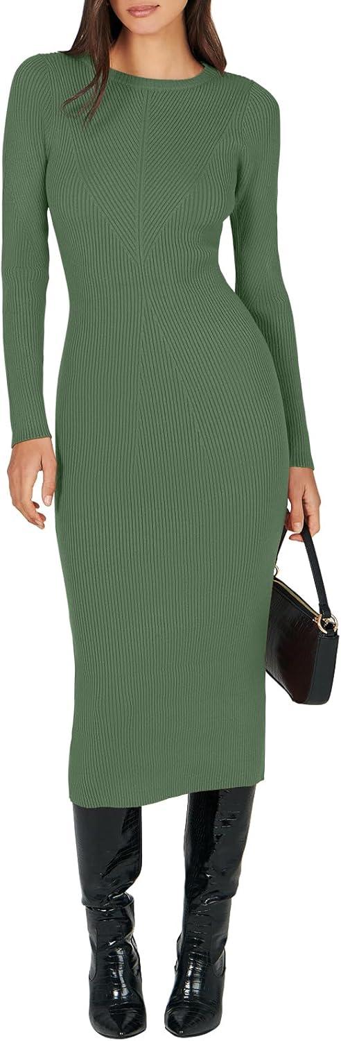 imageANRABESS Womens Long Sleeve Sweater Dress 2025 Fall Crewneck Bodycon Stretch Ribbed Knit Slim Fit Midi Dresses Trendy OutfitsOlive