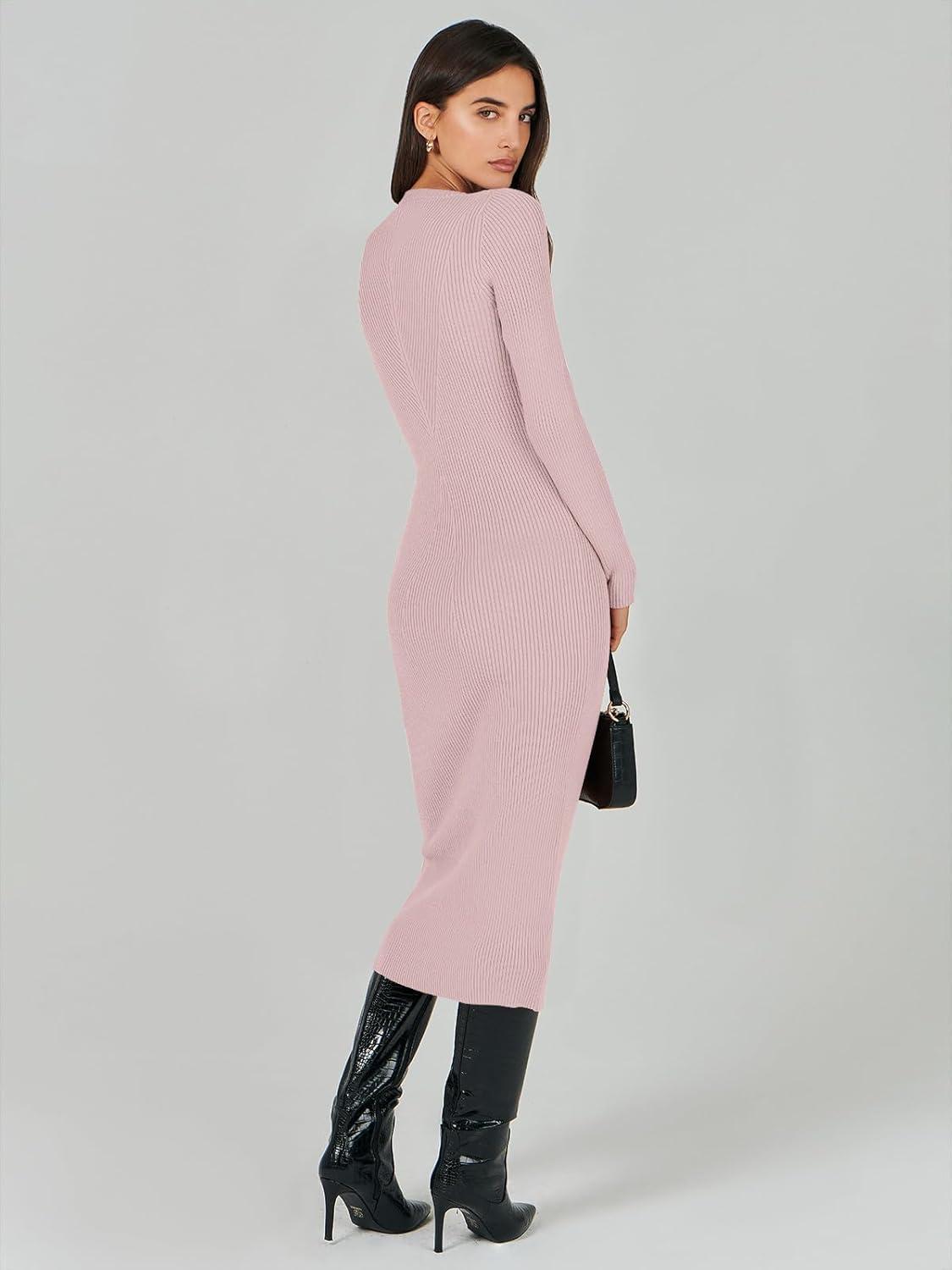 imageANRABESS Womens Long Sleeve Sweater Dress 2025 Fall Crewneck Bodycon Stretch Ribbed Knit Slim Fit Midi Dresses Trendy OutfitsPink