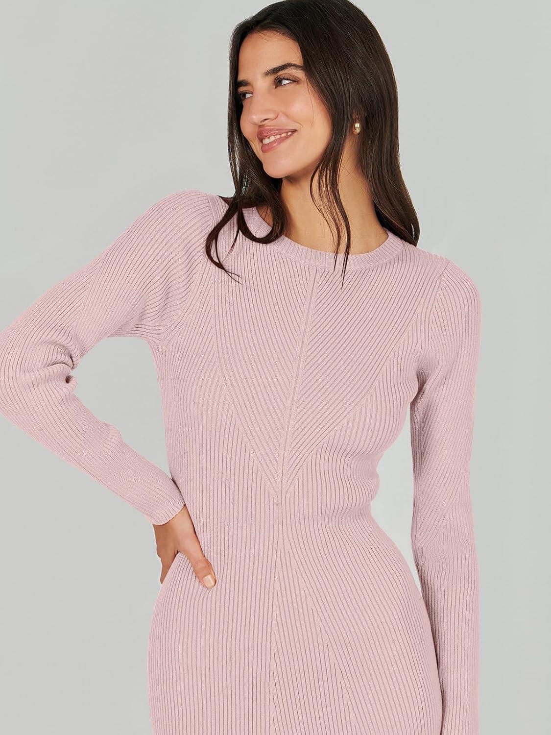 imageANRABESS Womens Long Sleeve Sweater Dress 2025 Fall Crewneck Bodycon Stretch Ribbed Knit Slim Fit Midi Dresses Trendy OutfitsPink