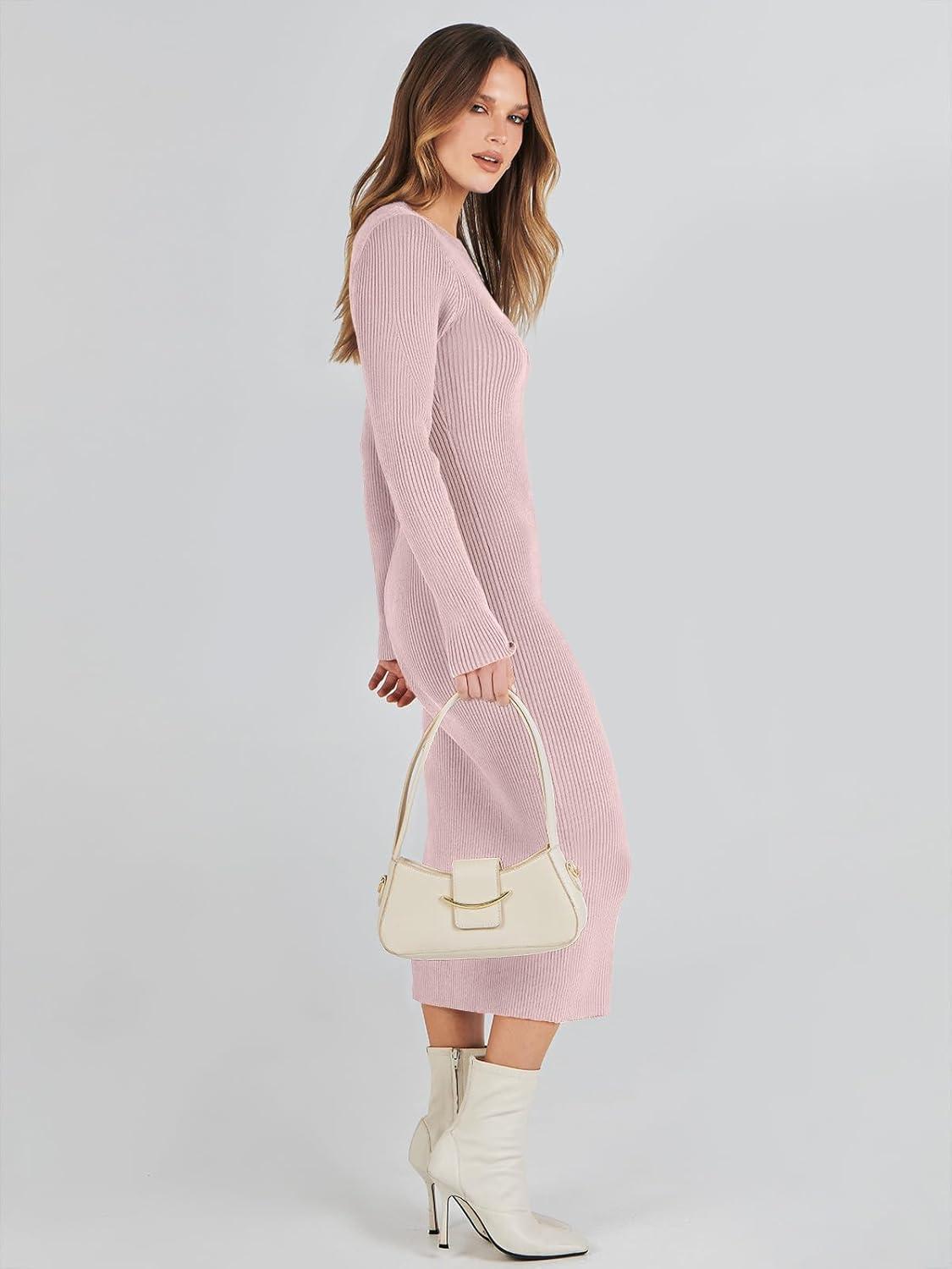 imageANRABESS Womens Long Sleeve Sweater Dress 2025 Fall Crewneck Bodycon Stretch Ribbed Knit Slim Fit Midi Dresses Trendy OutfitsPink