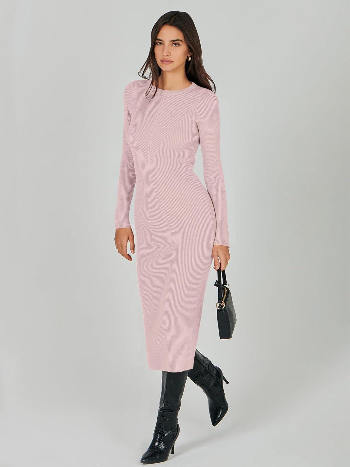 imageANRABESS Womens Long Sleeve Sweater Dress 2025 Fall Crewneck Bodycon Stretch Ribbed Knit Slim Fit Midi Dresses Trendy OutfitsPink