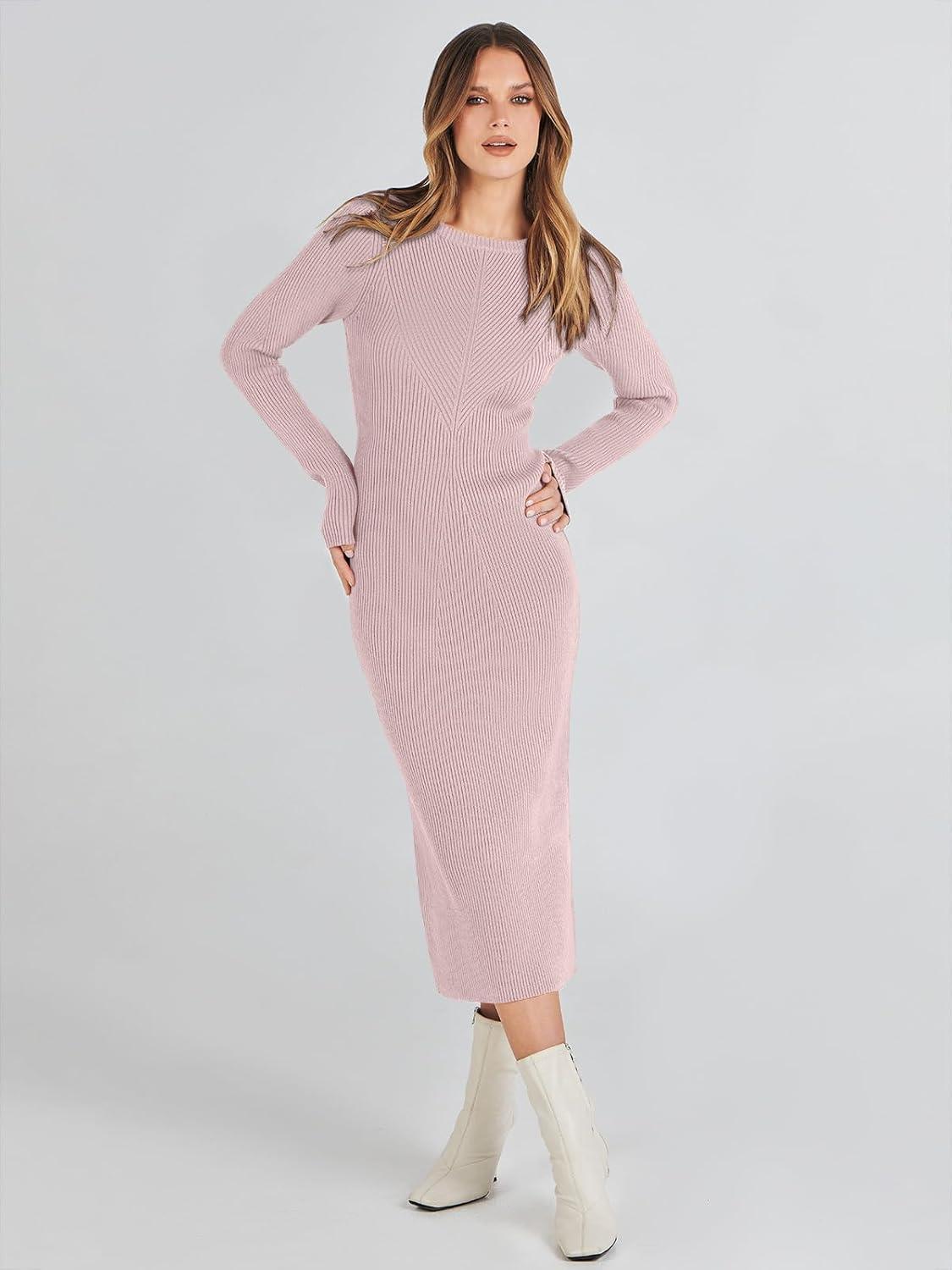 imageANRABESS Womens Long Sleeve Sweater Dress 2025 Fall Crewneck Bodycon Stretch Ribbed Knit Slim Fit Midi Dresses Trendy OutfitsPink