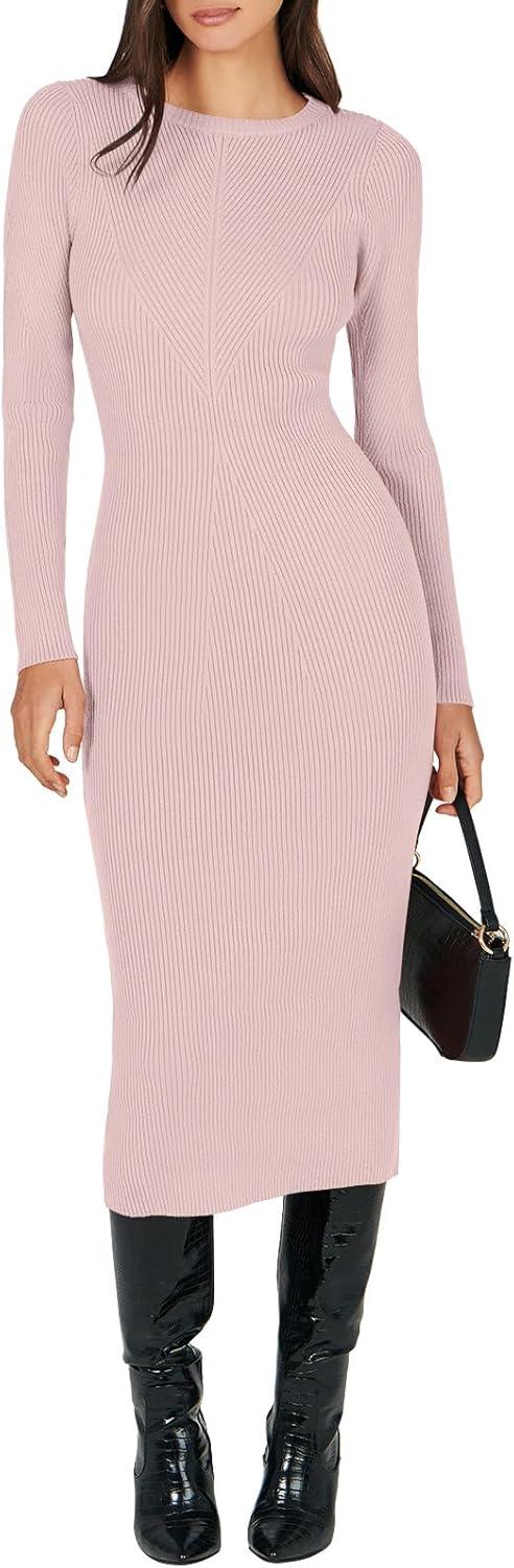imageANRABESS Womens Long Sleeve Sweater Dress 2025 Fall Crewneck Bodycon Stretch Ribbed Knit Slim Fit Midi Dresses Trendy OutfitsPink