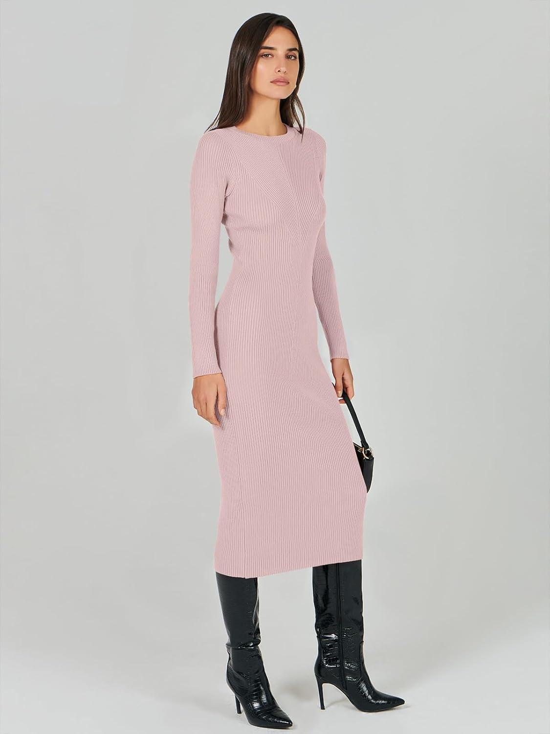 imageANRABESS Womens Long Sleeve Sweater Dress 2025 Fall Crewneck Bodycon Stretch Ribbed Knit Slim Fit Midi Dresses Trendy OutfitsPink