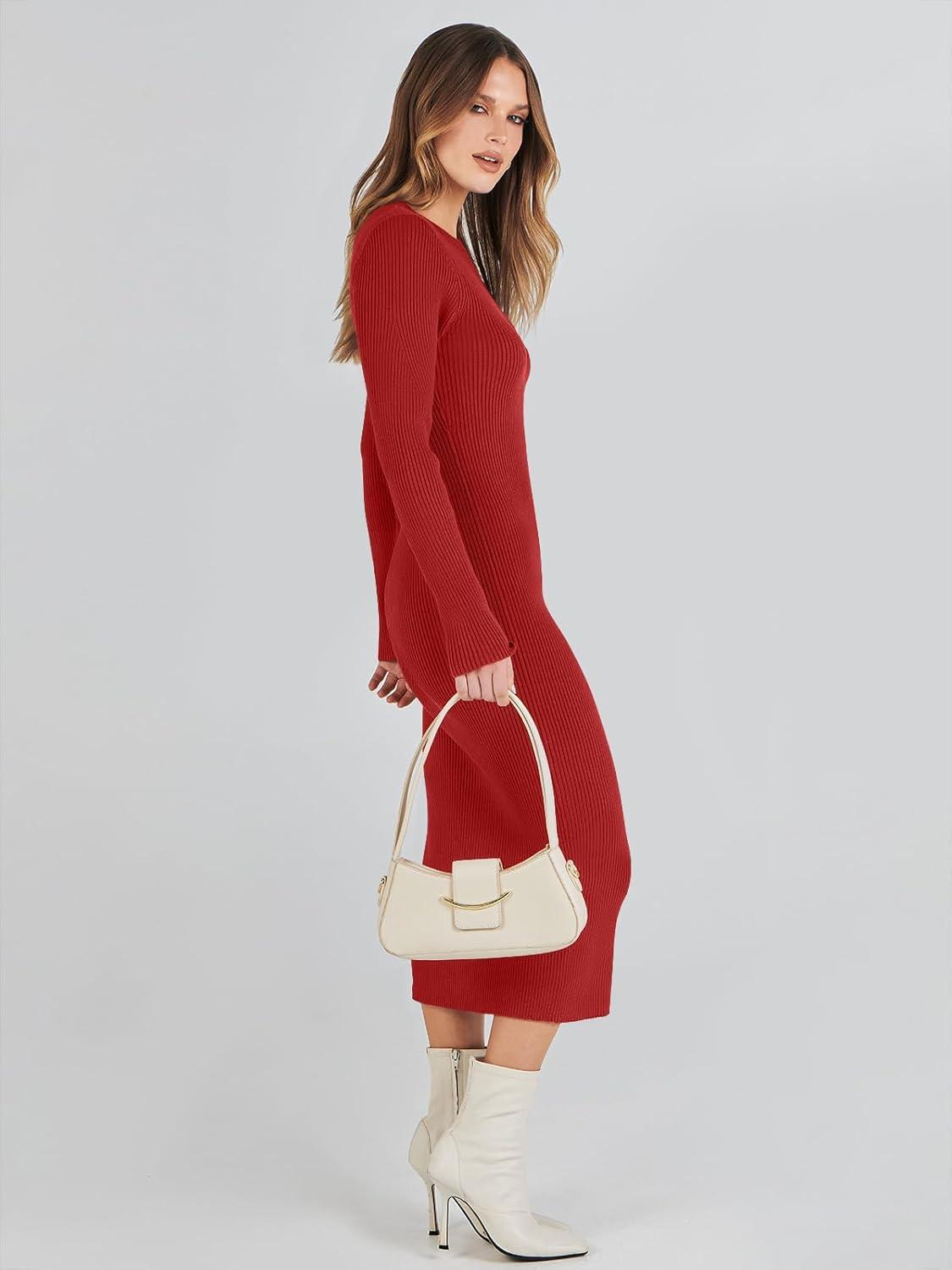 imageANRABESS Womens Long Sleeve Sweater Dress 2025 Fall Crewneck Bodycon Stretch Ribbed Knit Slim Fit Midi Dresses Trendy OutfitsRed